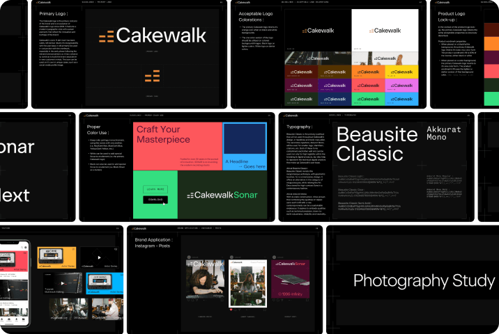 Cakewalk brand guideline boards showing logo, colour and typography rules