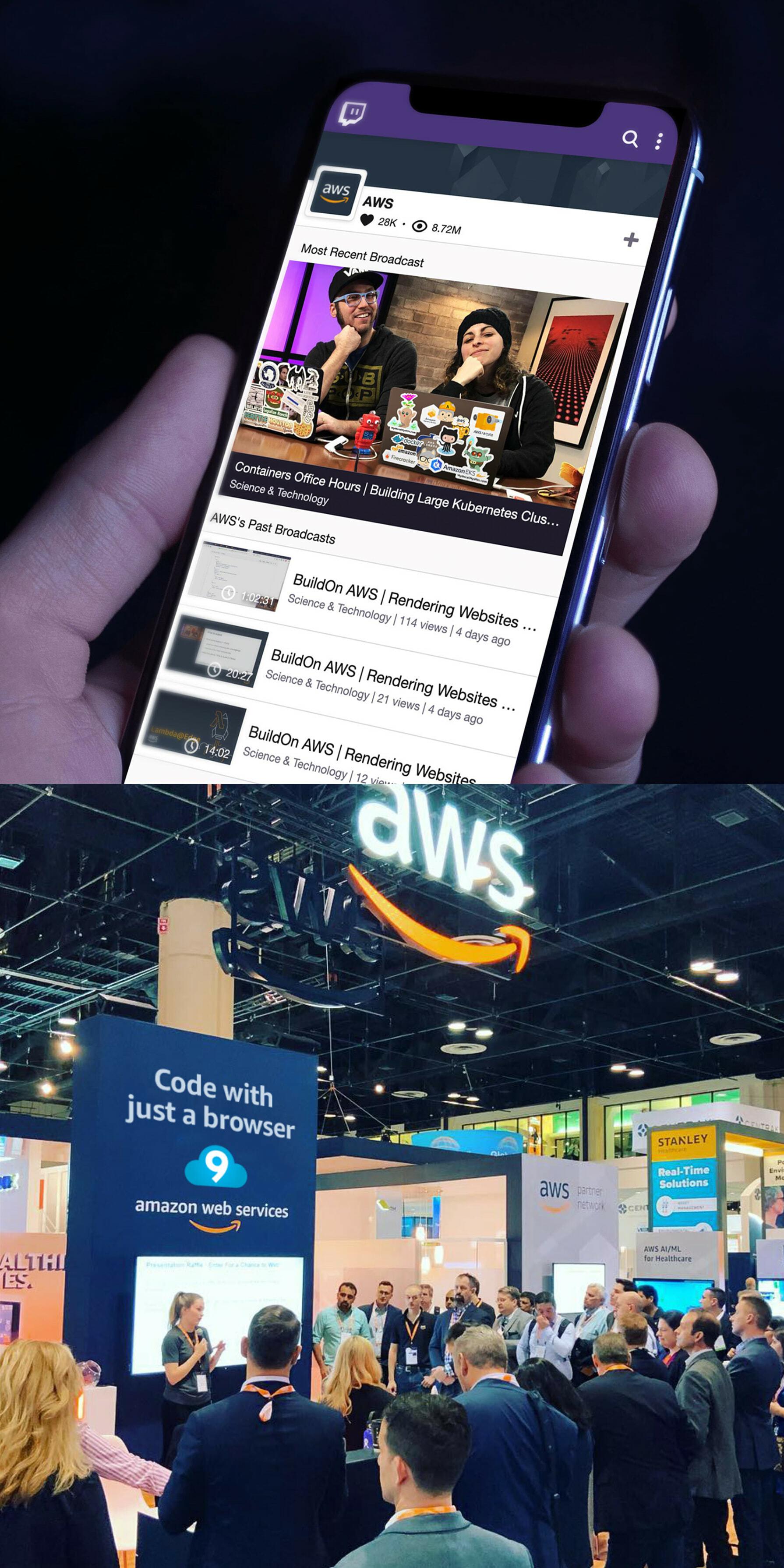Hand holding a phone showing an AWS content feed above an AWS conference booth