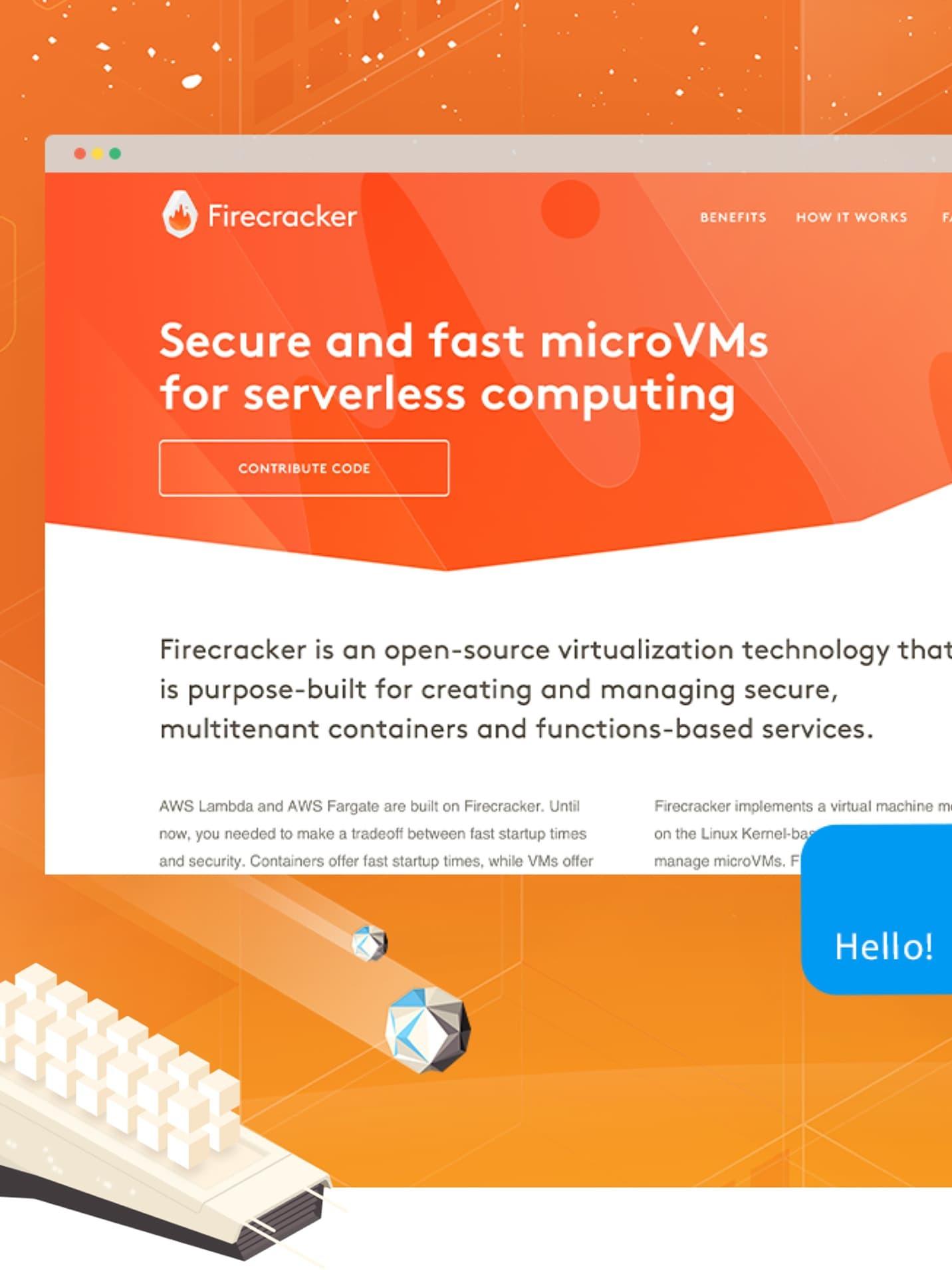 Firecracker website mockup about secure and fast microVMs for serverless computing