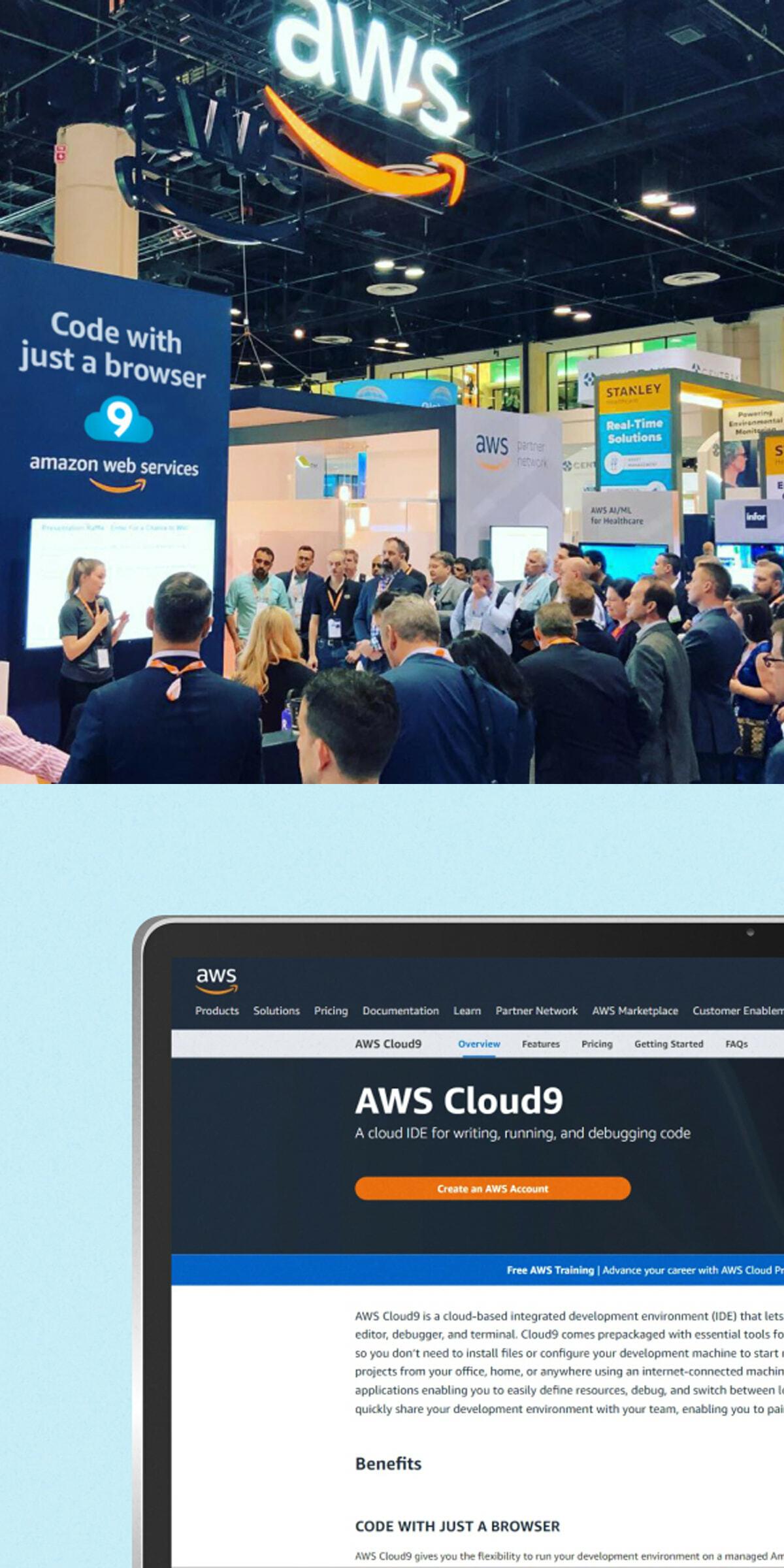 AWS conference booth next to a laptop showing the AWS Cloud9 webpage