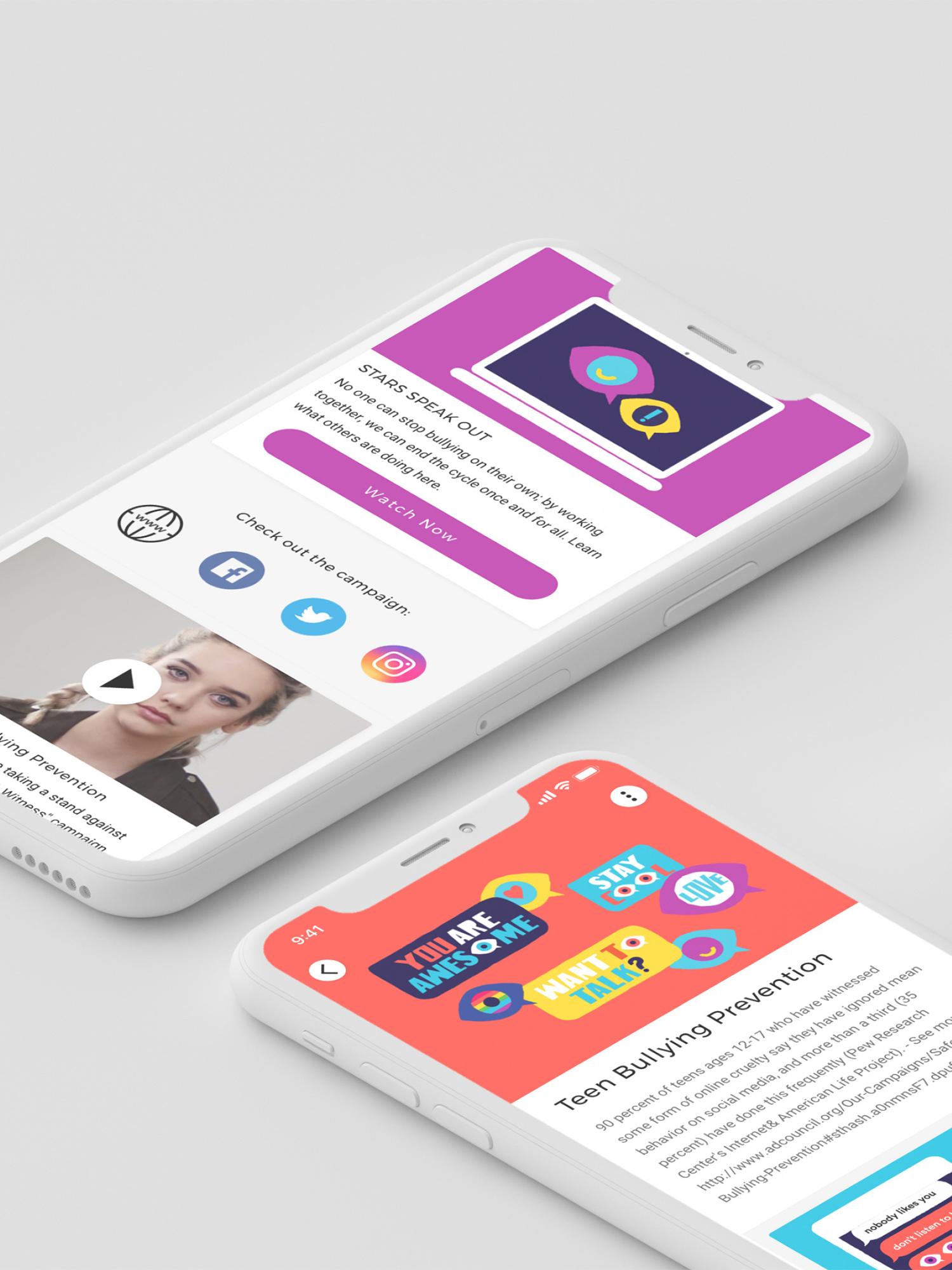 Advocate app screens for sharing a campaign and teen bullying prevention
