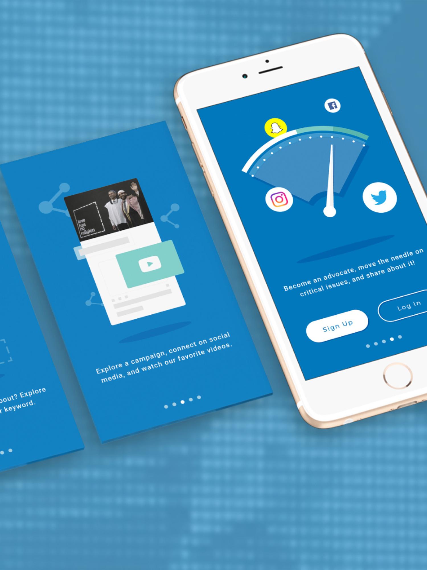 Advocate onboarding screens explaining campaigns, sharing and the sign-up meter