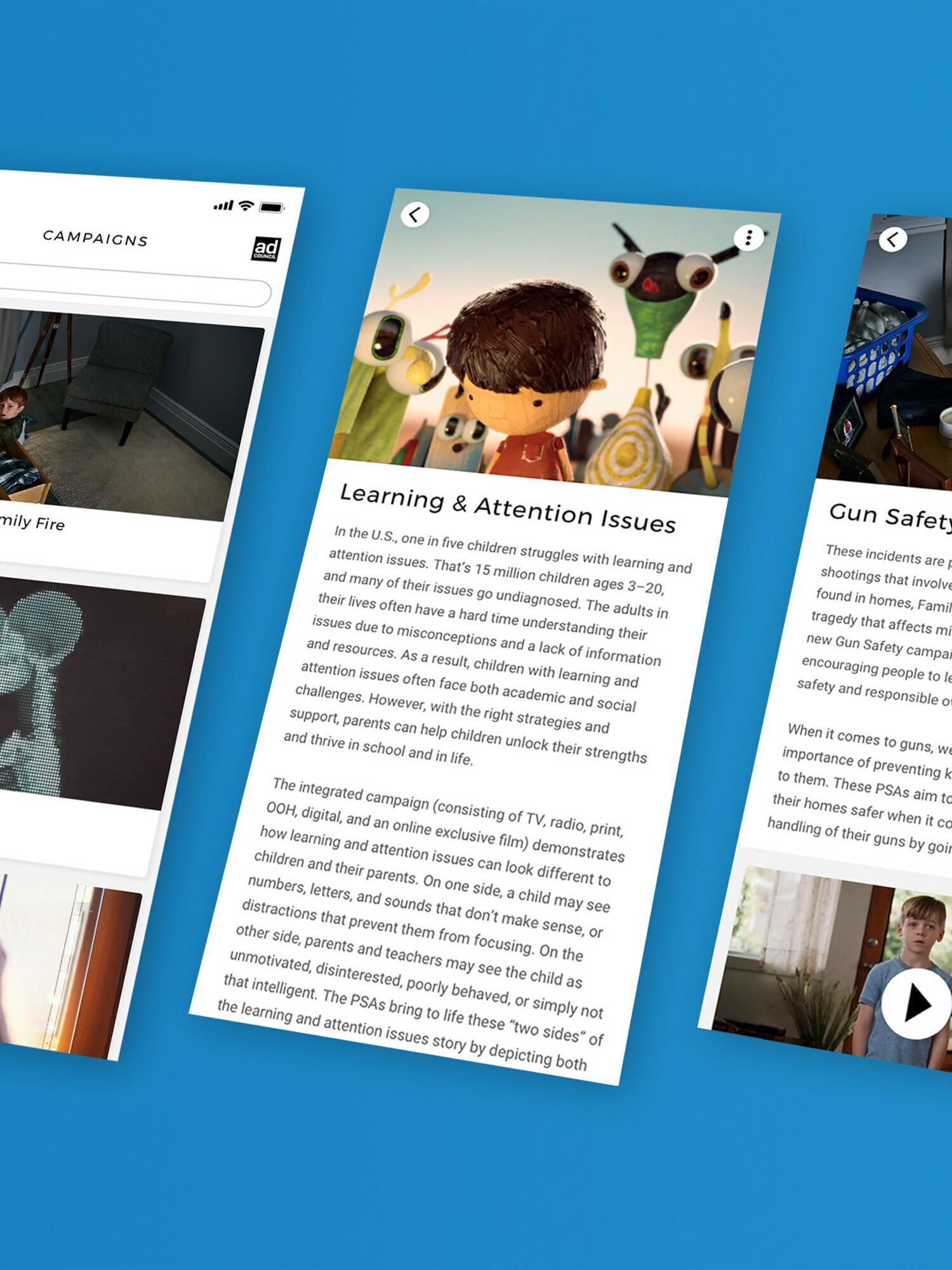 Three mobile app screens showing campaign cards and article pages on a blue background