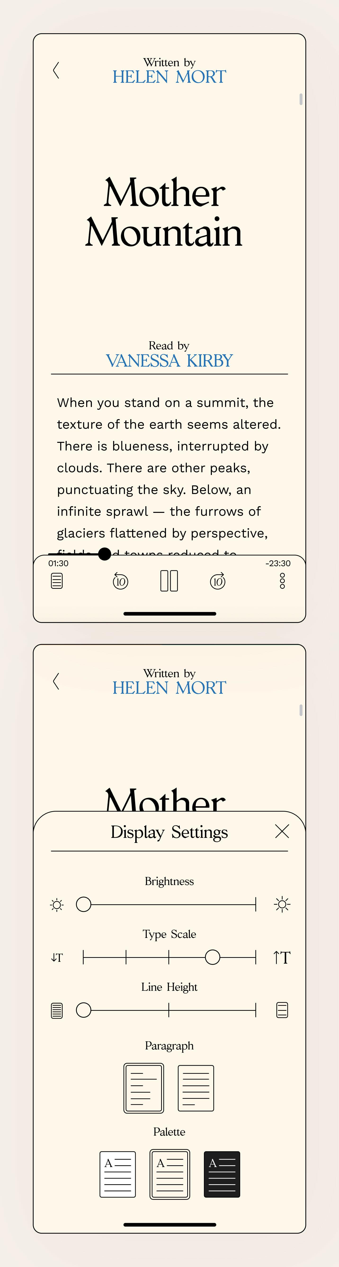 Audiobook reading app showing Mother Mountain playback screen and display settings panel
