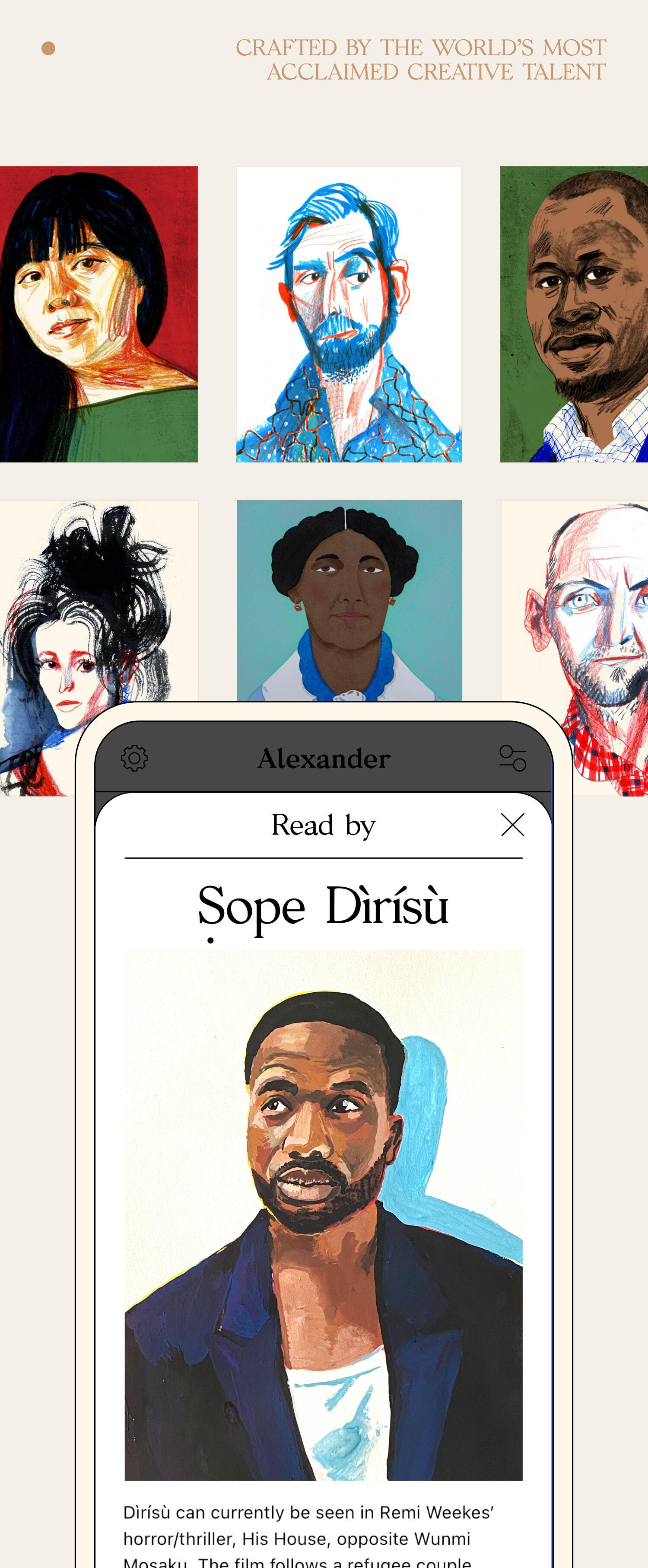 Illustrated narrator portraits with an app screen introducing reader Sope Dirisu