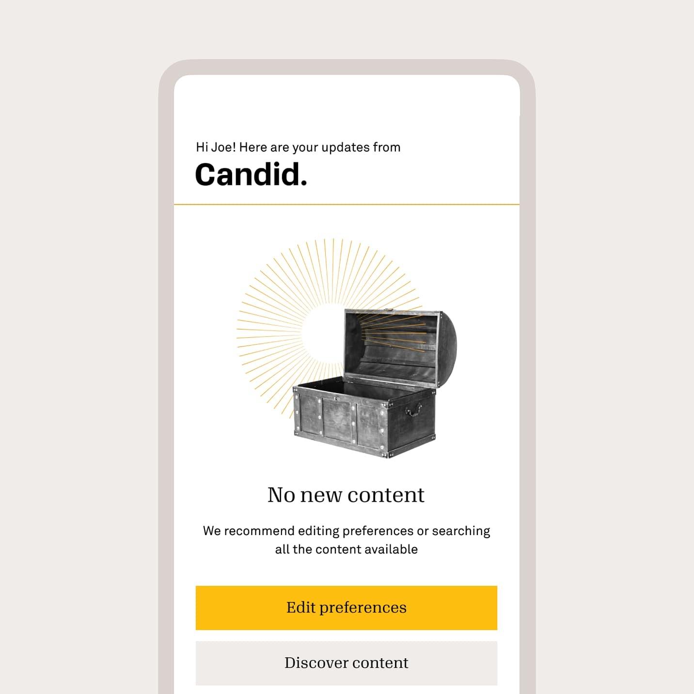 Candid "No new content" screen with an open chest illustration and Edit preferences button