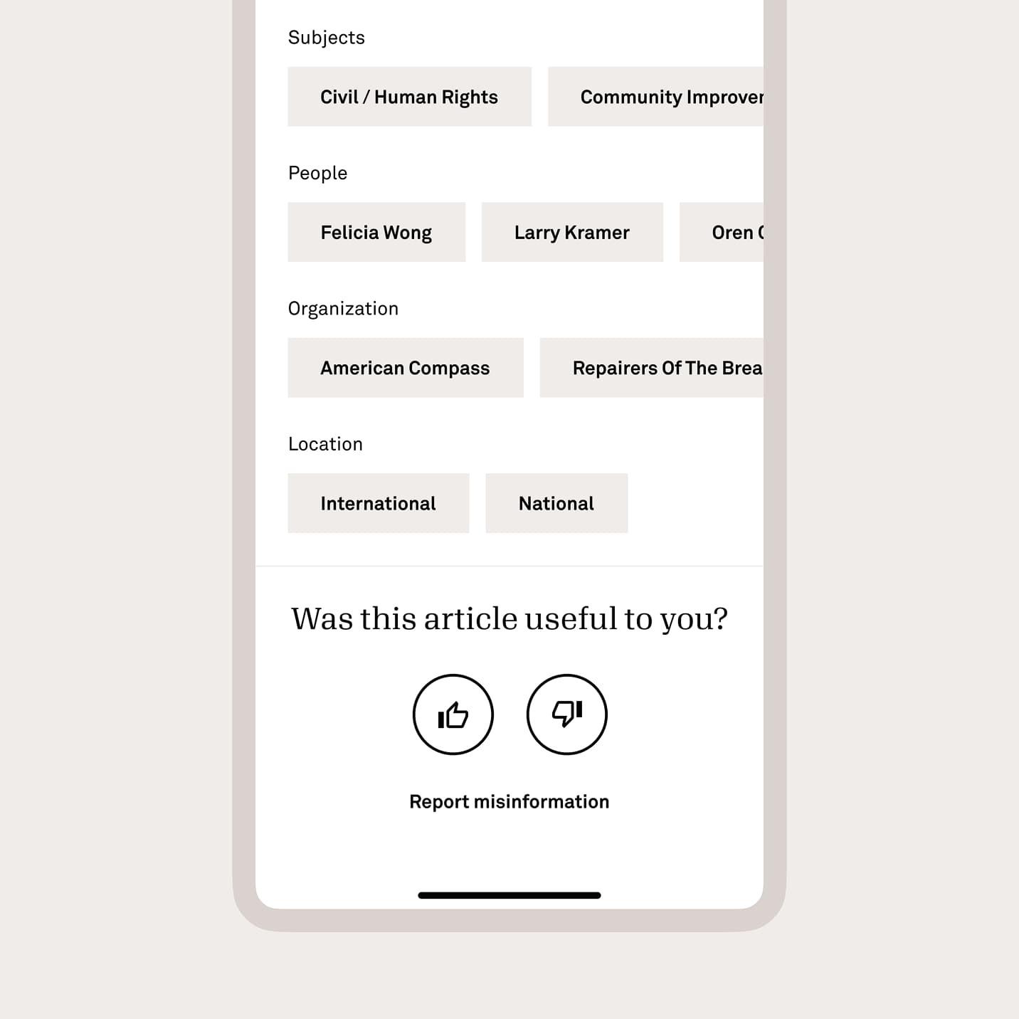 Candid article feedback screen with subject, people and organization tags and thumbs up or down