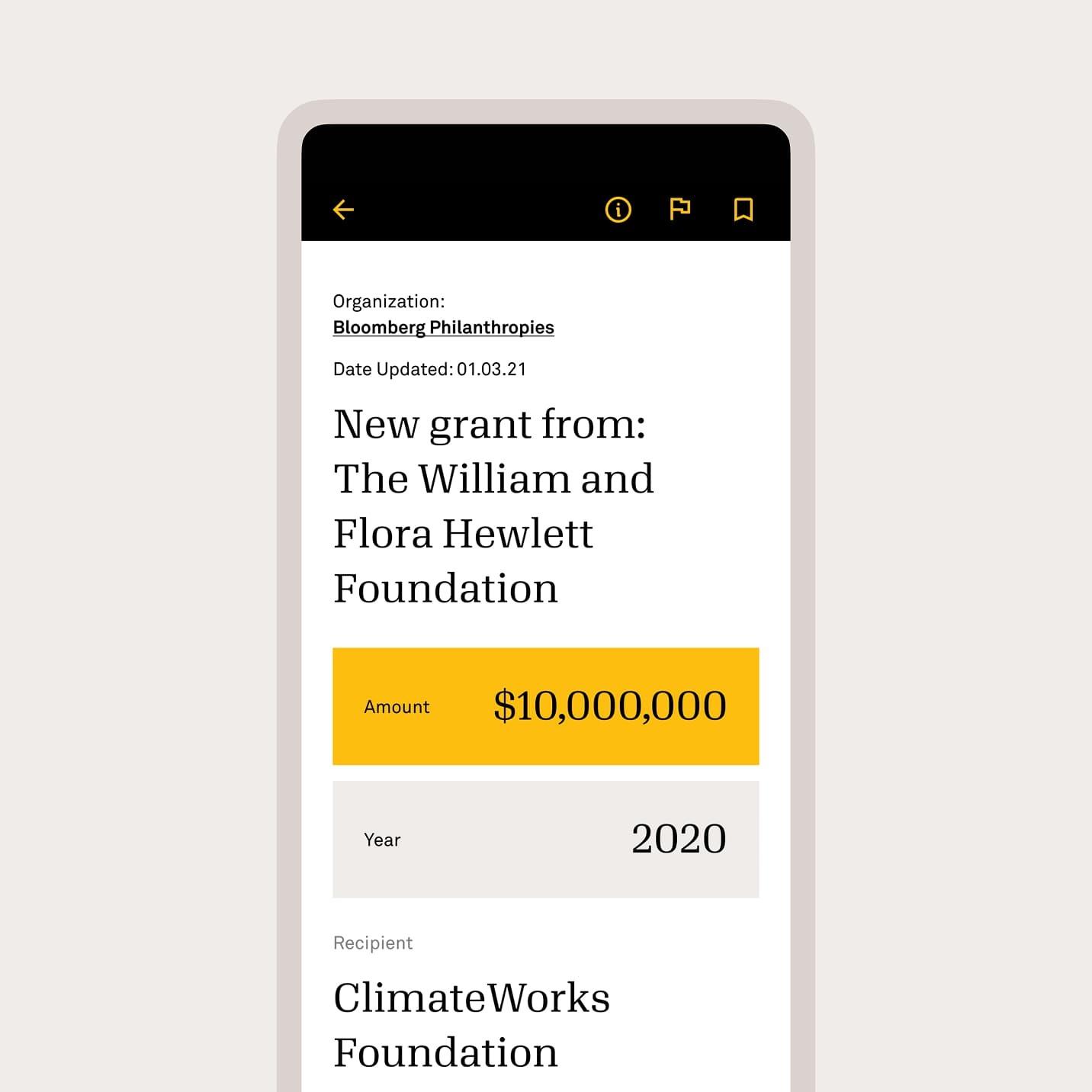 Candid grant screen showing a $10,000,000 Hewlett Foundation grant to ClimateWorks Foundation
