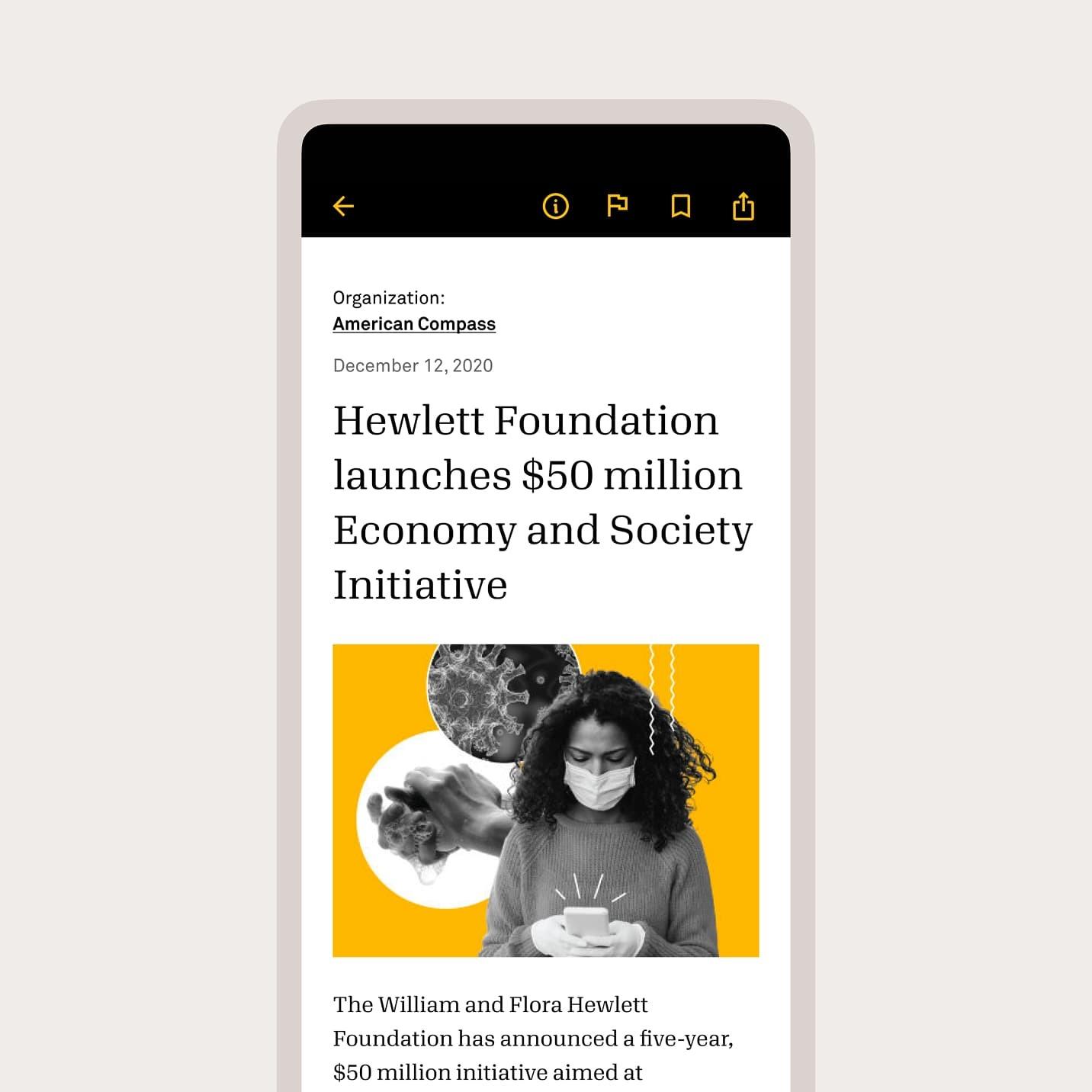 Candid article screen on Hewlett Foundation's $50 million Economy and Society Initiative