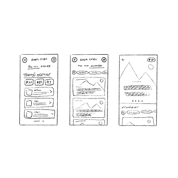 Three hand-drawn mobile app wireframes on a white background