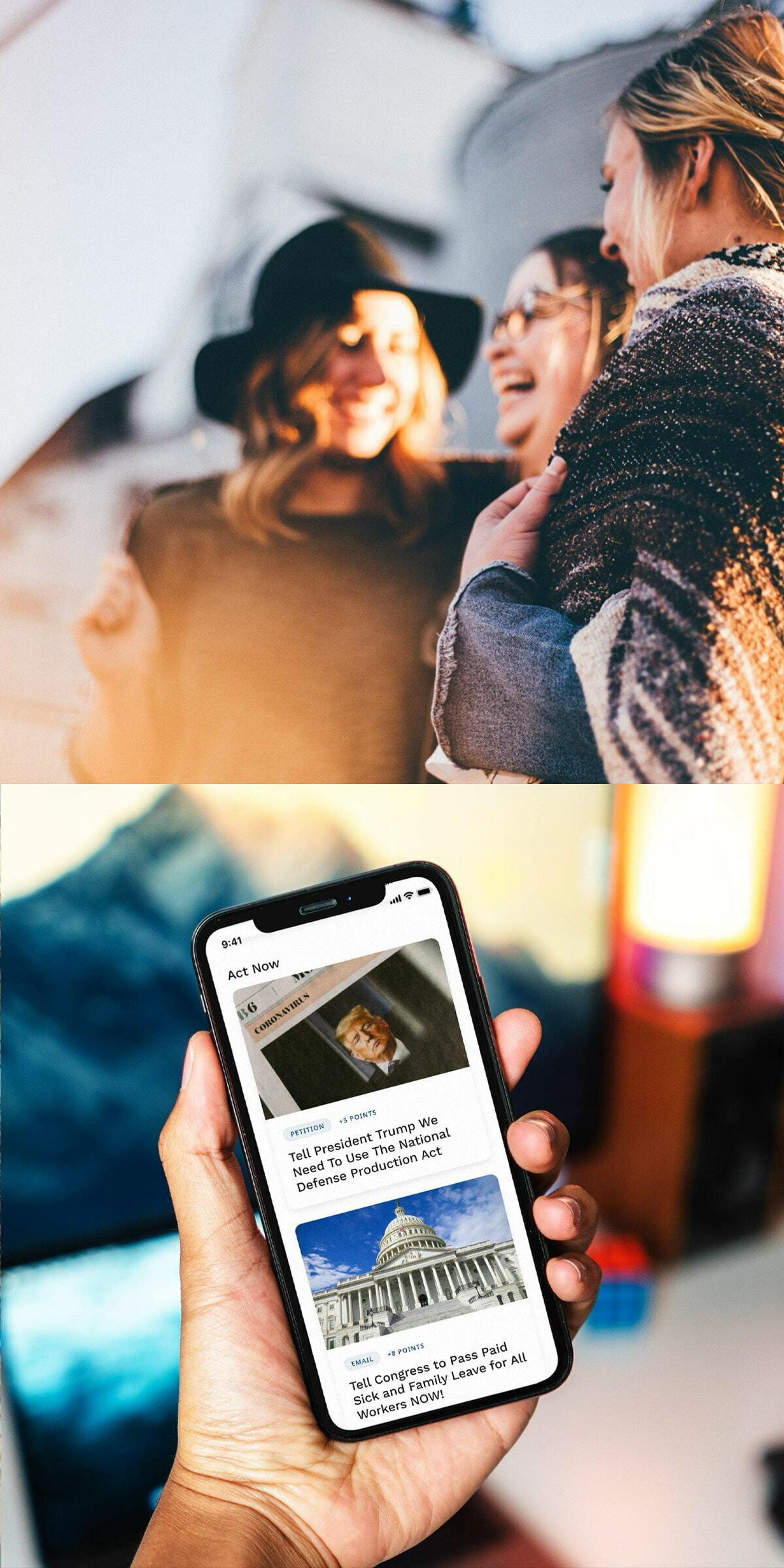 Friends laughing beside a hand holding a phone on the Act Now petition feed