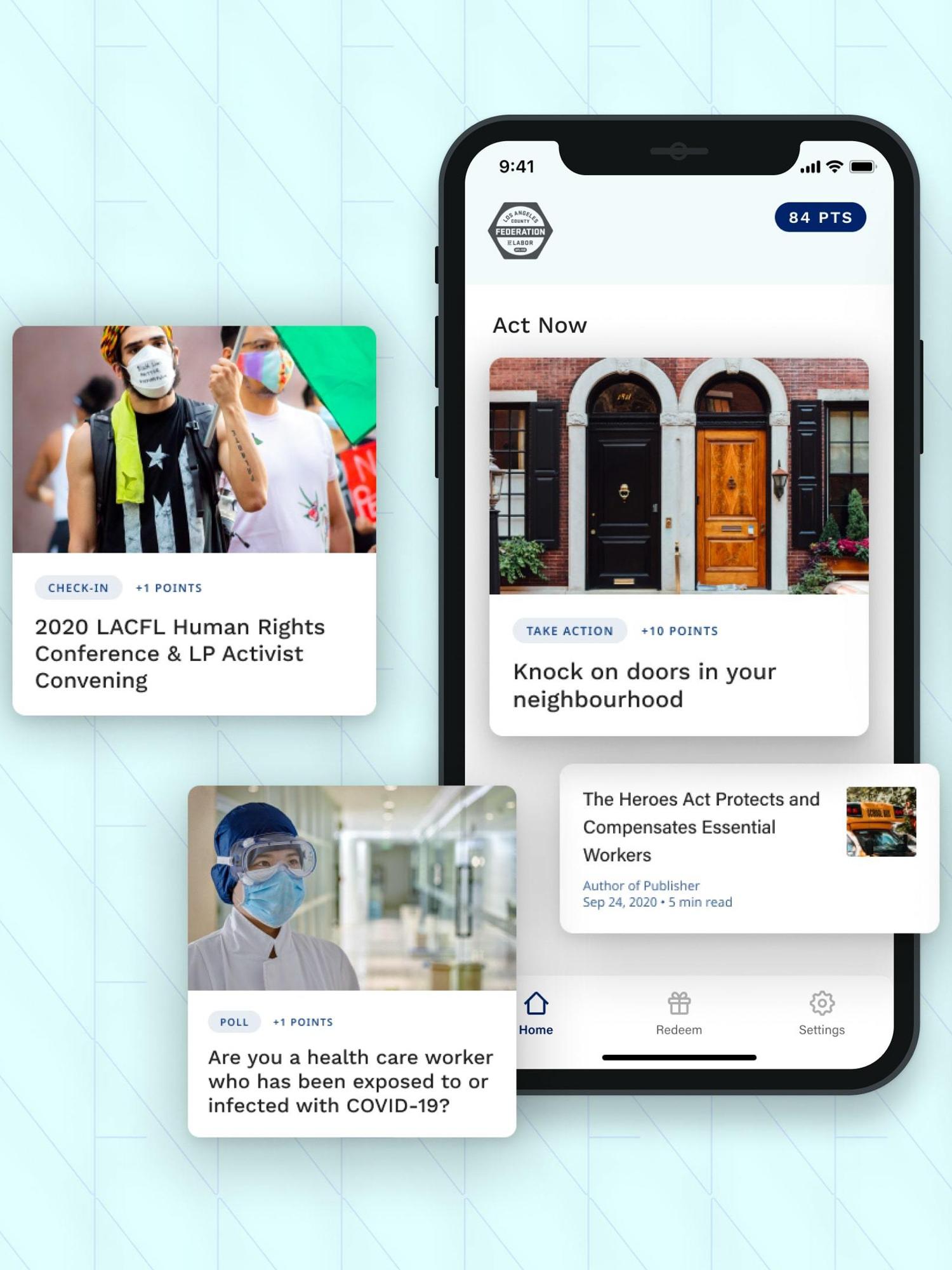 Mobile advocacy app screen with action cards, points, and COVID-related prompts