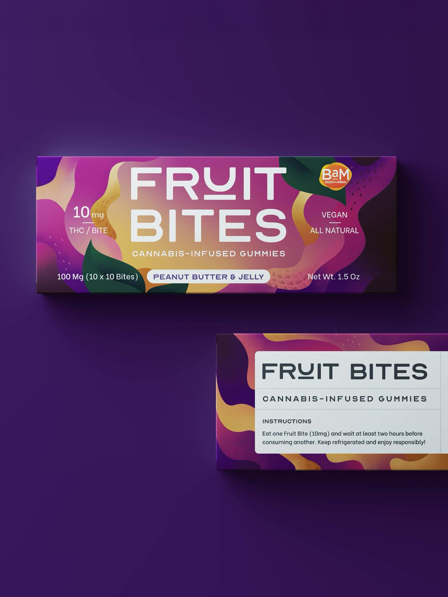 Fruit Bites cannabis-infused gummies packaging in peanut butter and jelly flavor on purple background