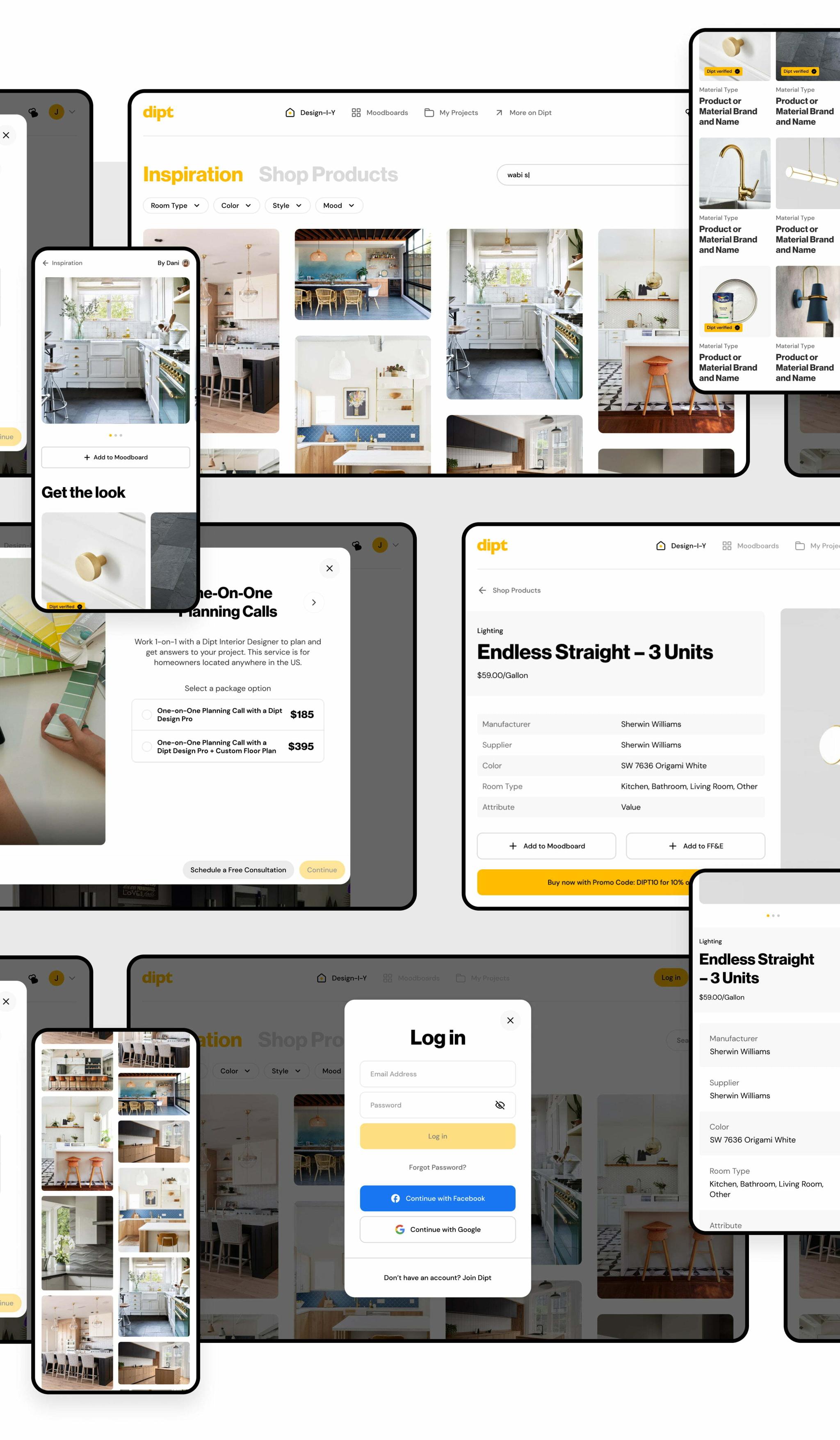 Collage of Dipt interior design app screens across desktop, tablet, and mobile