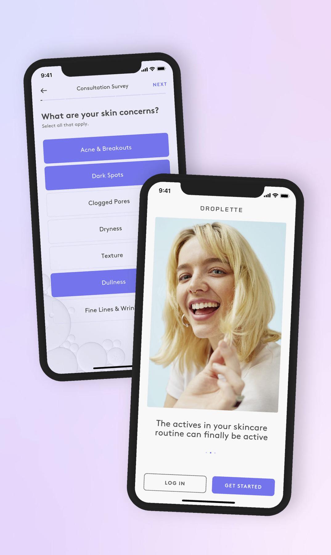 Droplette app screens for the skin concerns survey and welcome page