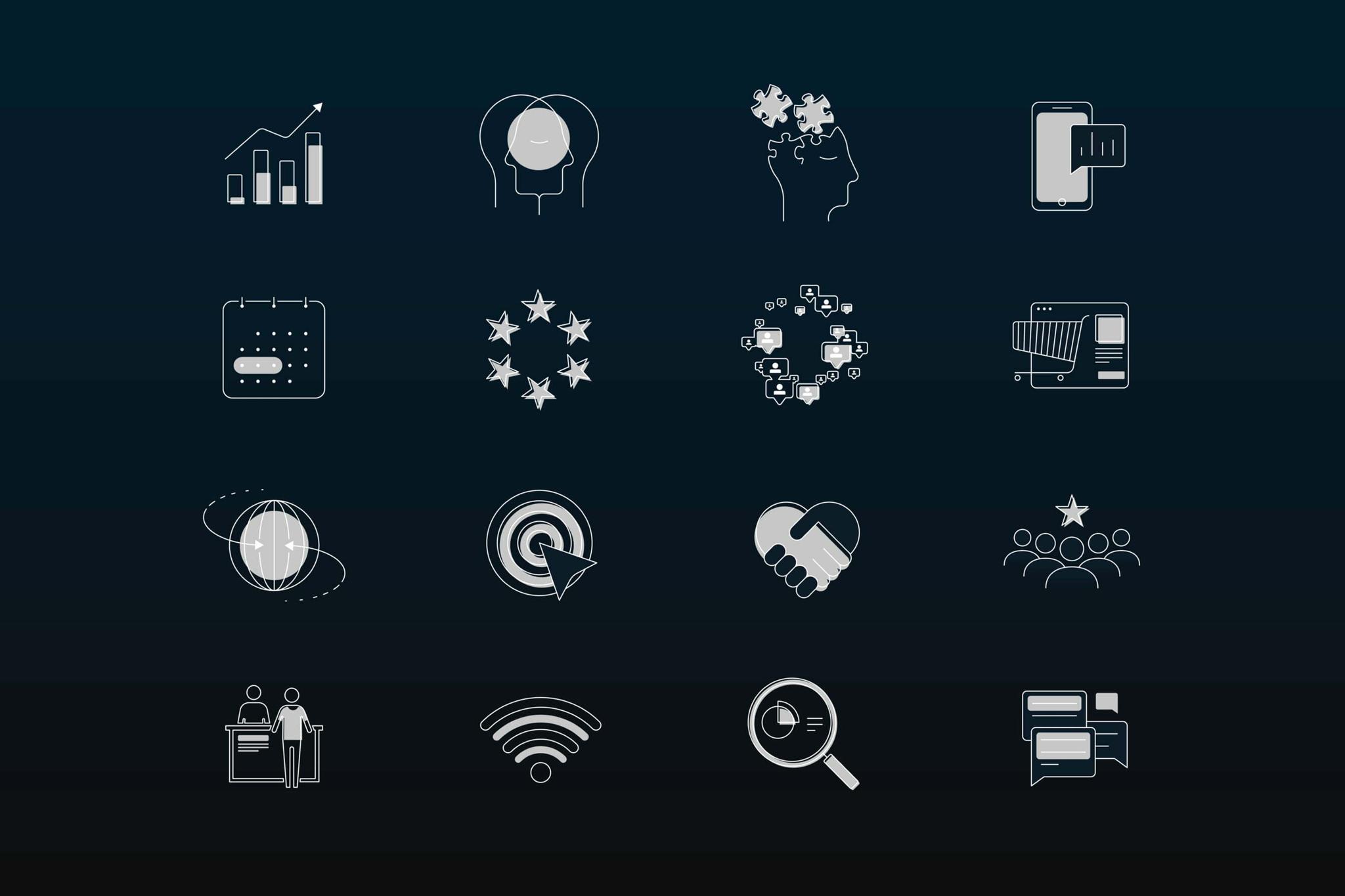 Sixteen line icons for career skills such as analytics, empathy, retail, teamwork and connectivity