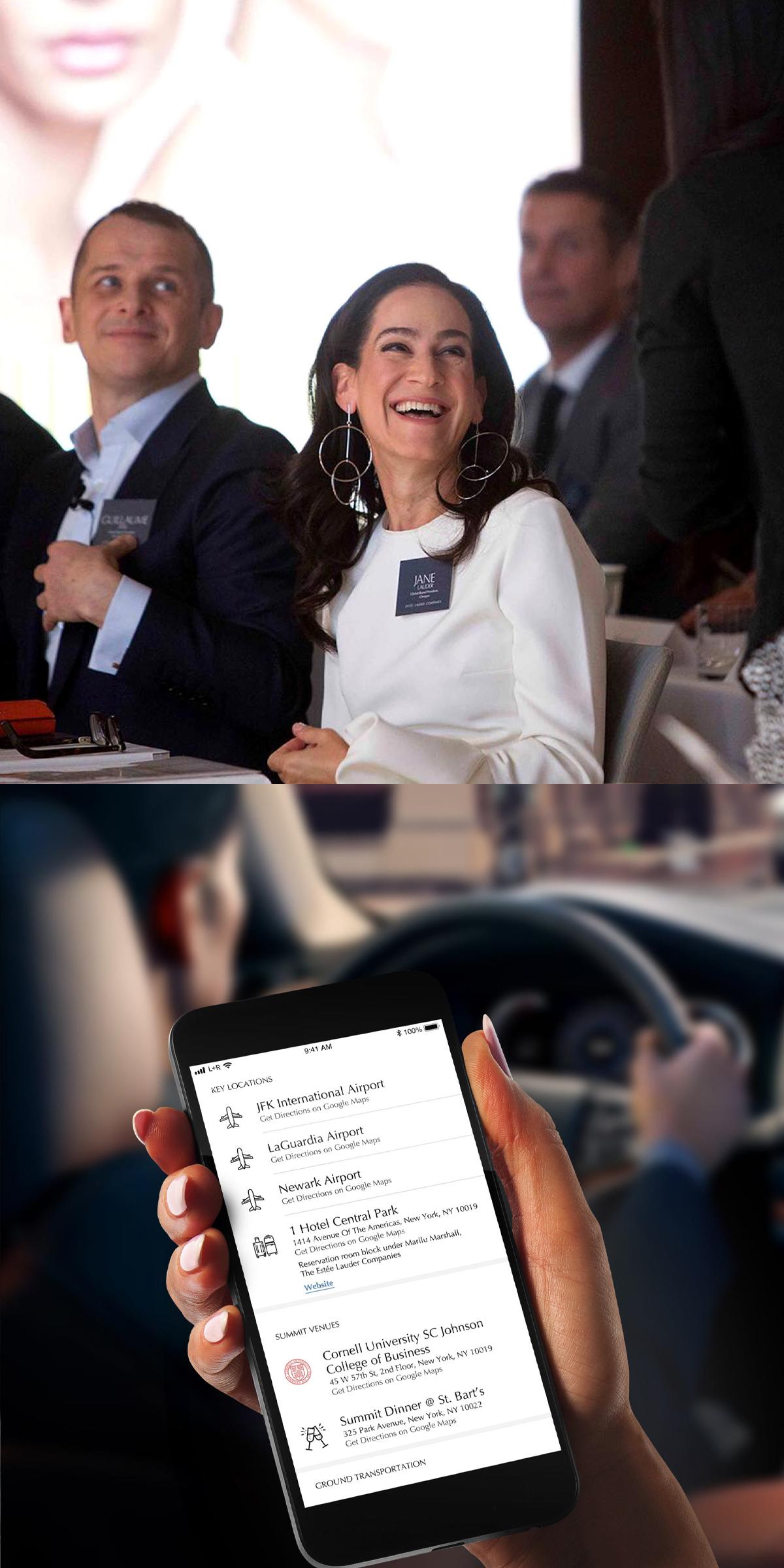 Summit attendees laughing beside a phone showing a Lyft ride to the venue