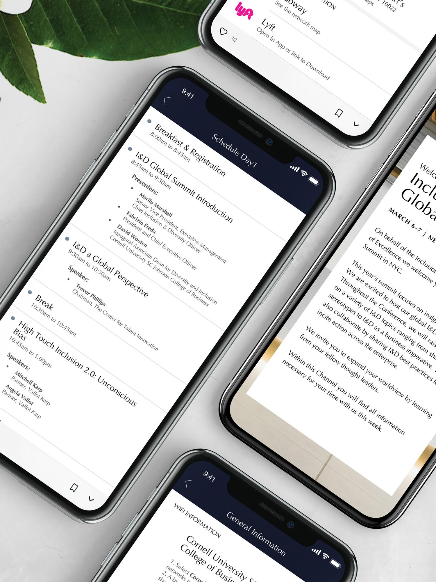 Phones showing the I&D Global Summit agenda and speaker information