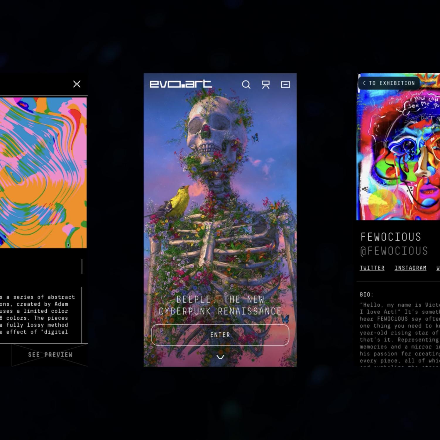 Three evo.art app screens: artwork details, the Beeple exhibition entry and the FEWOCiOUS artist profile