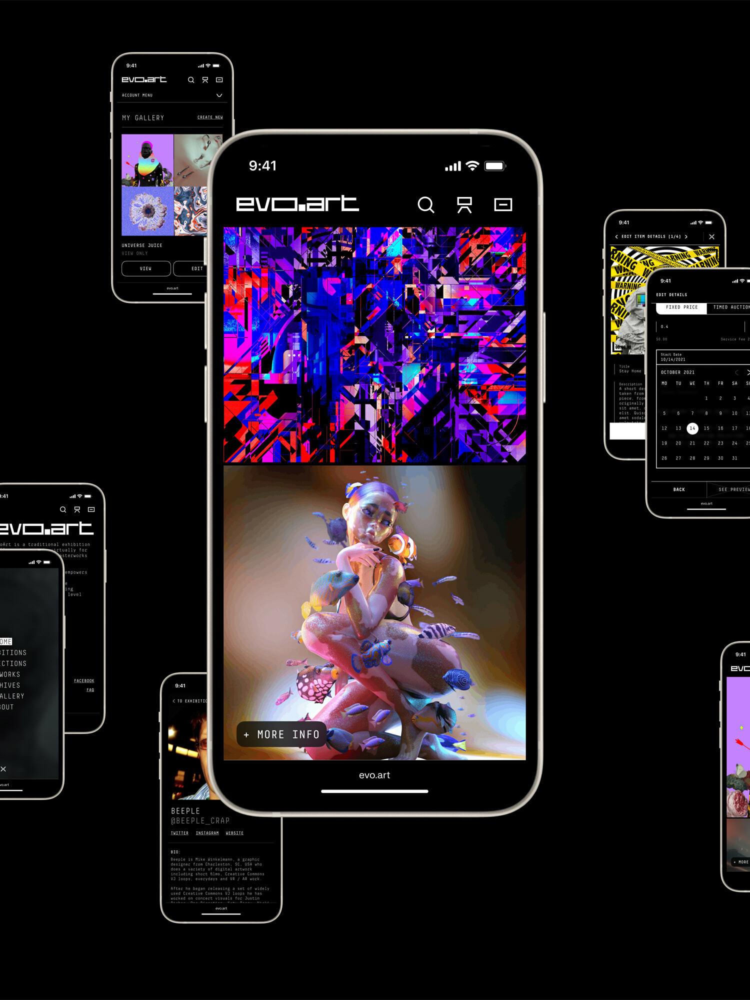 Wide layout of multiple EvoArt mobile app screens around a central phone