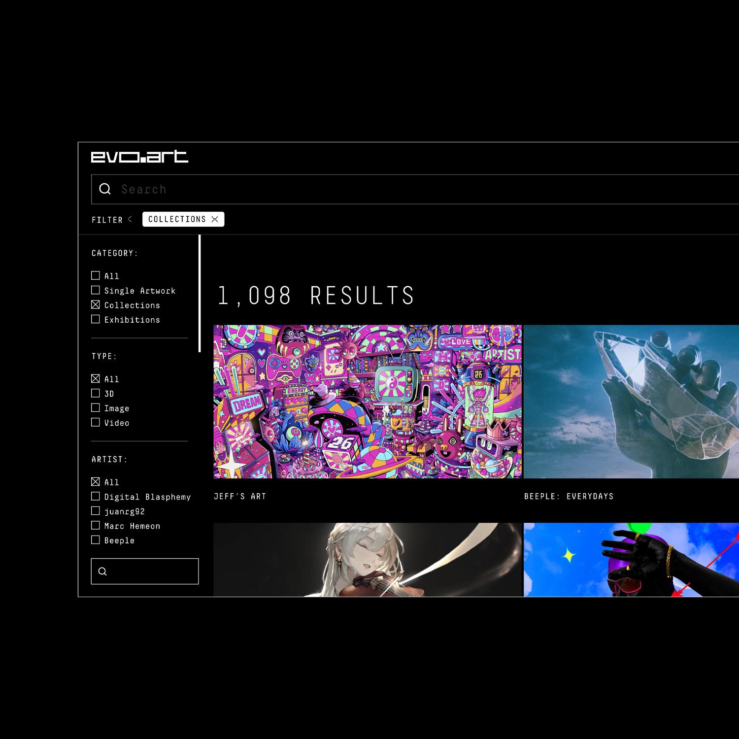 Desktop and mobile EvoArt search results interfaces on a black background
