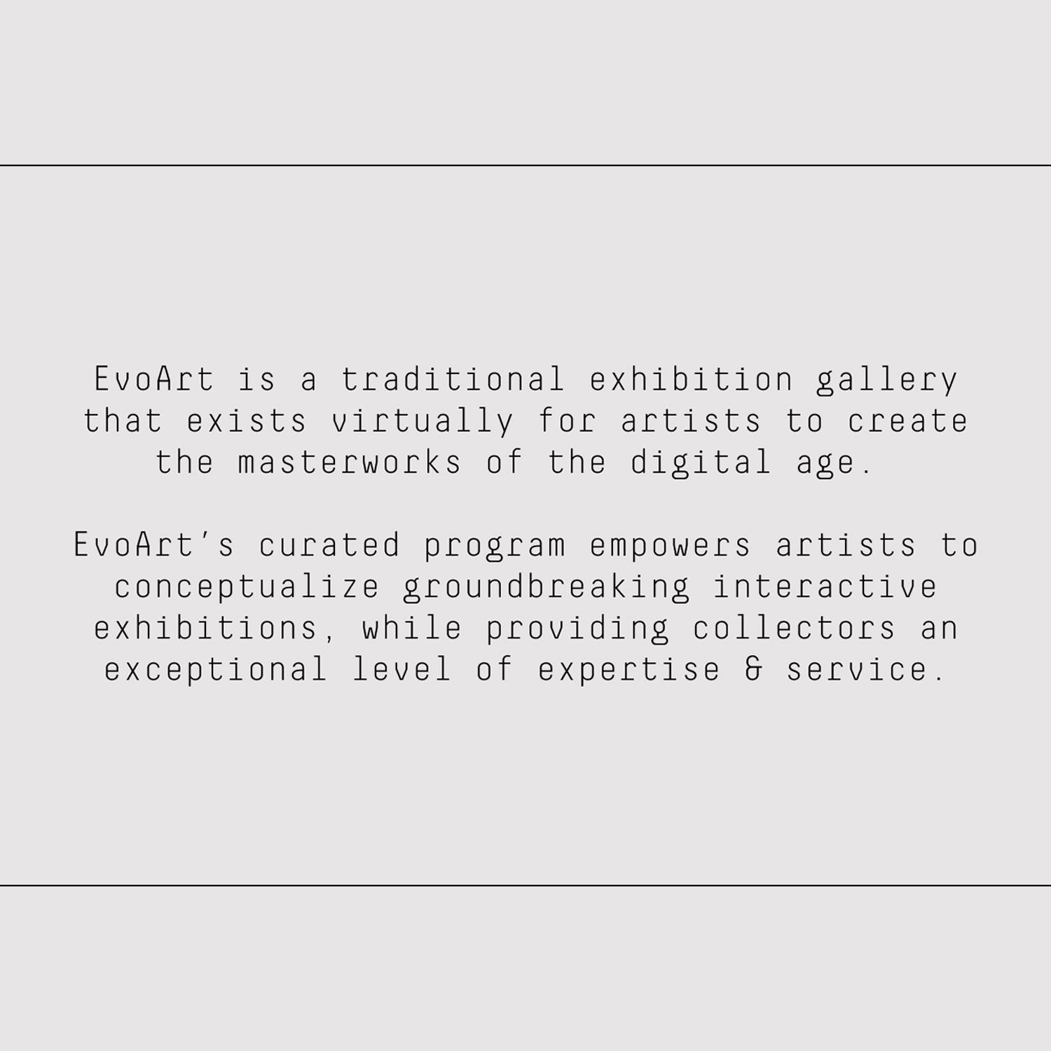 Wide gray slide with EvoArt mission statement in centered monospaced text