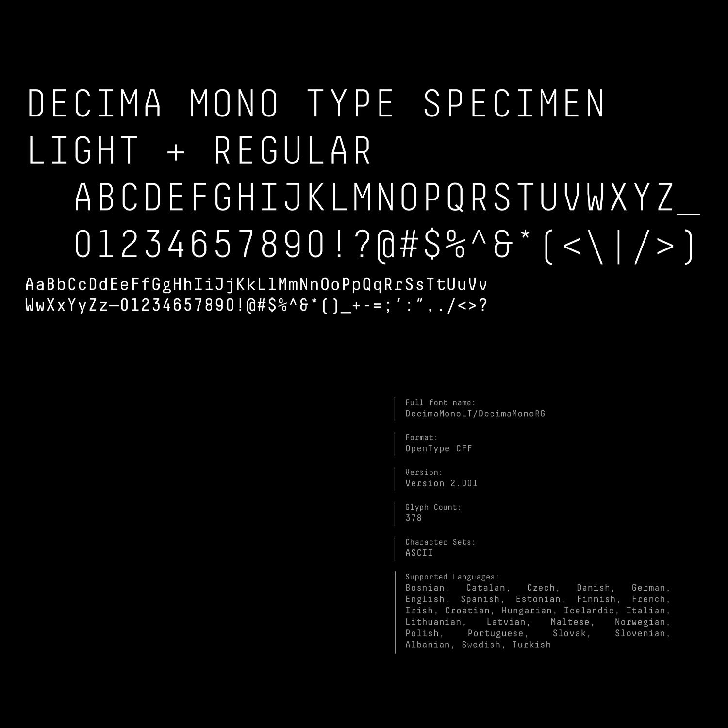 Wide Decima Mono type specimen layout on a black background