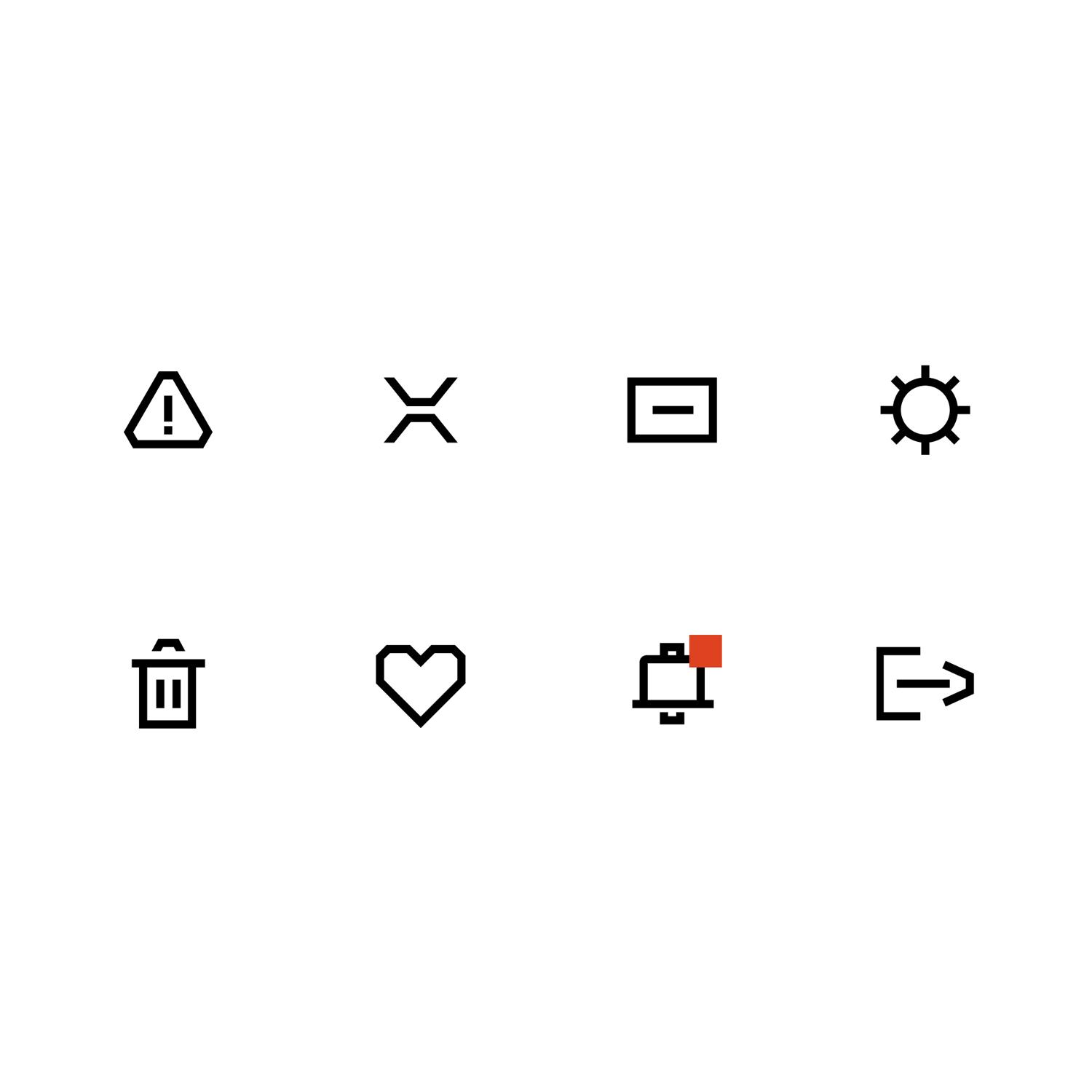 Two rows of black interface icons with small red notification accents