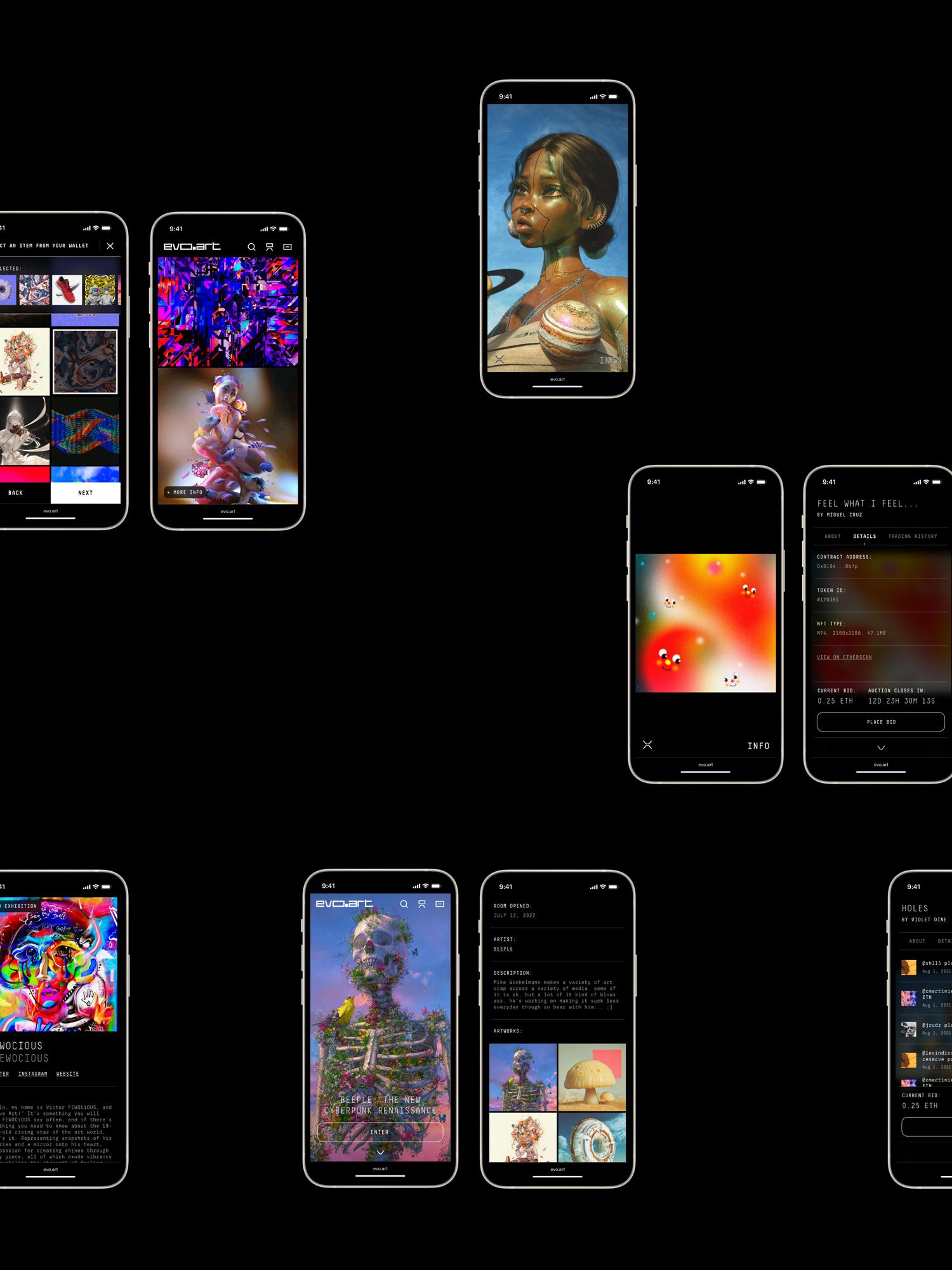 Dark background with scattered smartphone screens showing digital art app pages