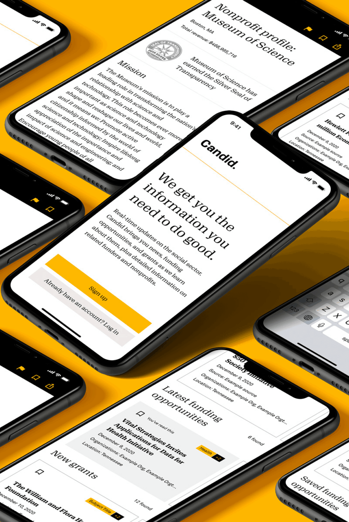 Rows of phones showing Candid app screens on a yellow background