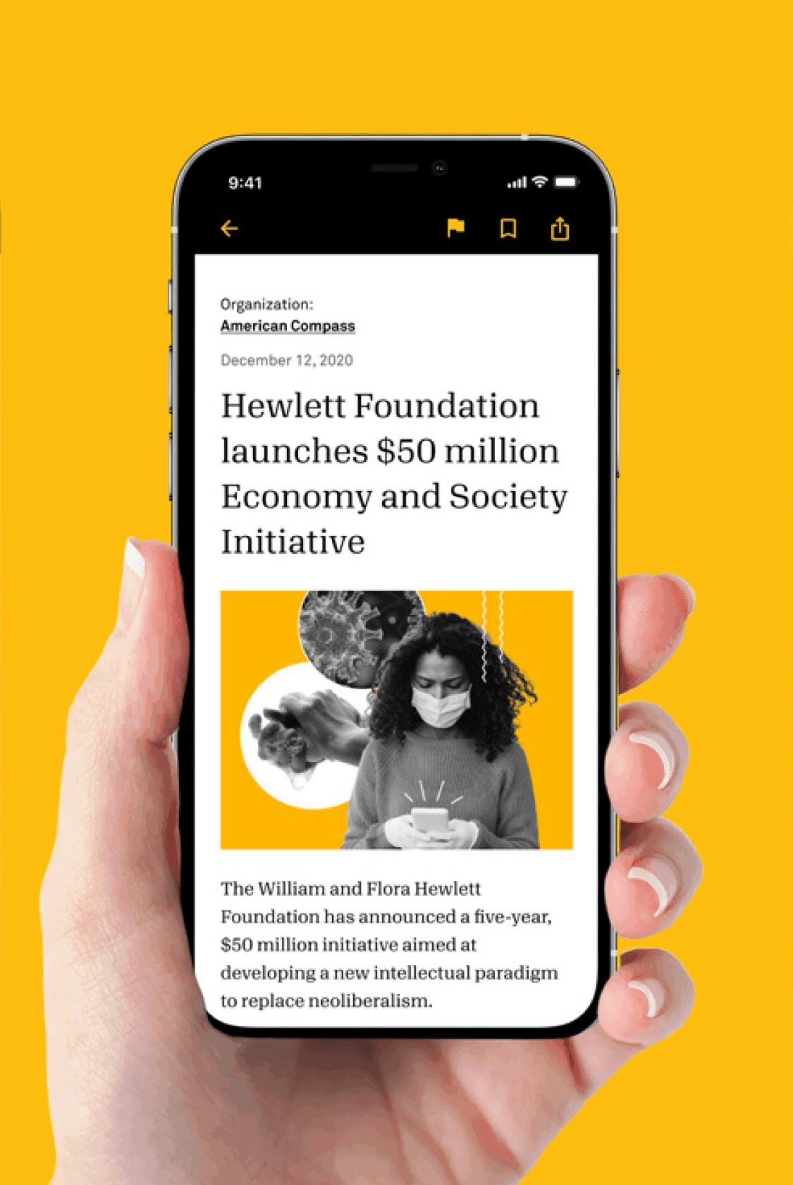 Hand holding a phone showing a Candid article on a yellow background