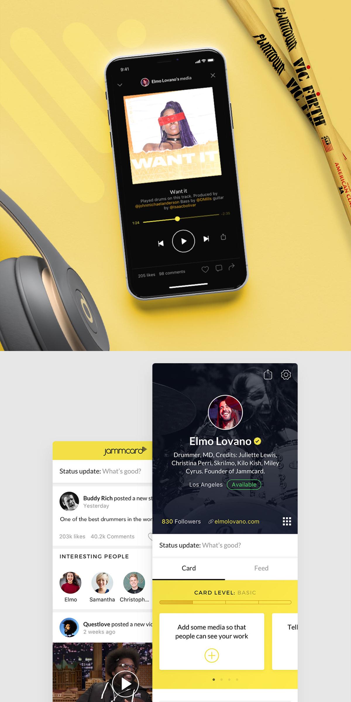 Jamcard music app screens on a yellow background with drumsticks and headphones
