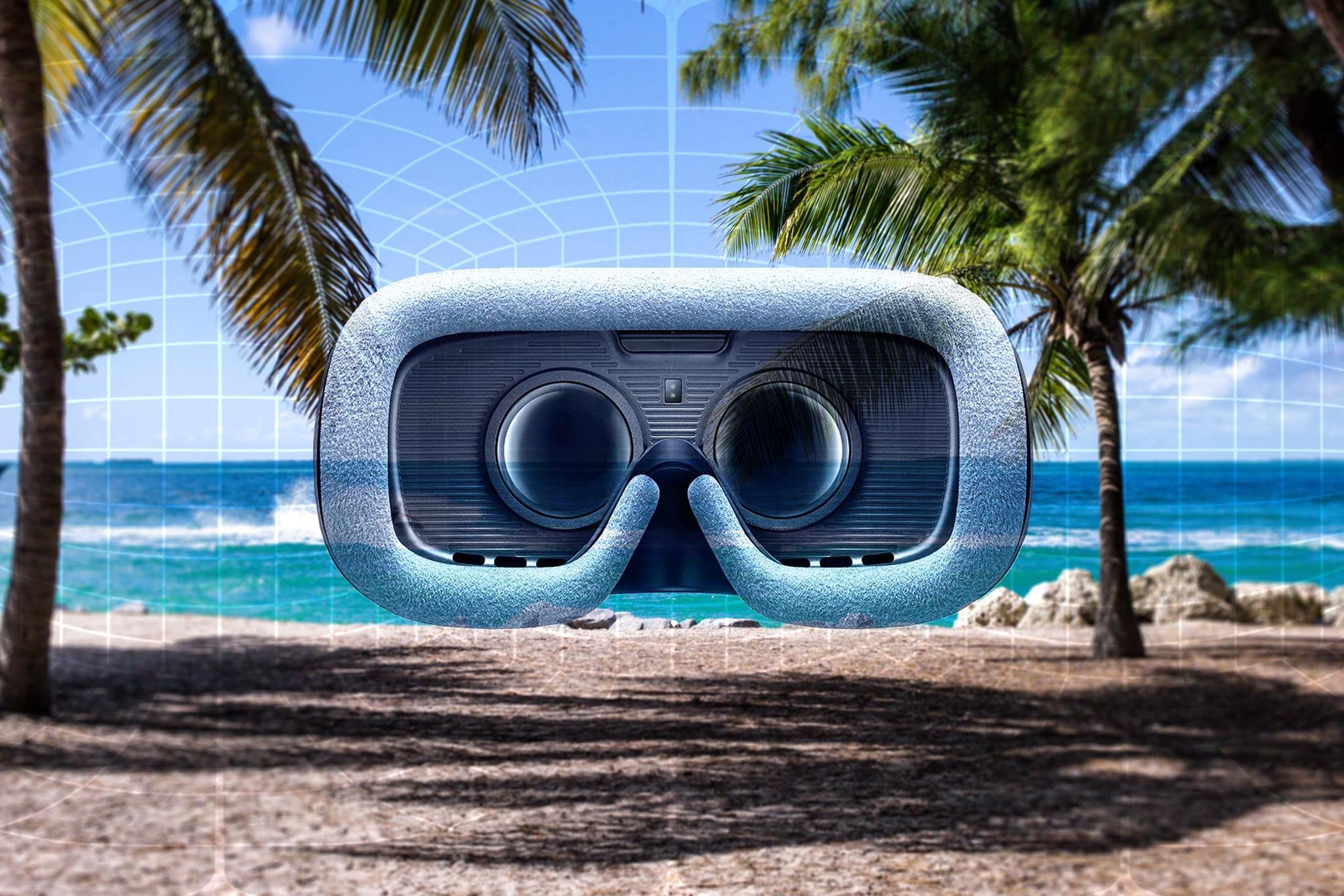 Virtual reality headset graphic over a tropical beach scene