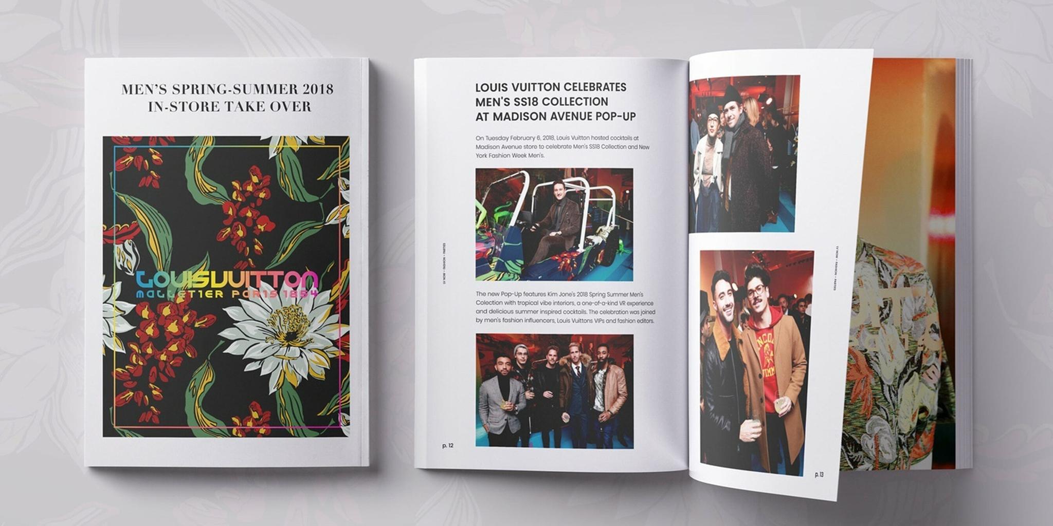 Open Louis Vuitton magazine spread with event photos and floral artwork