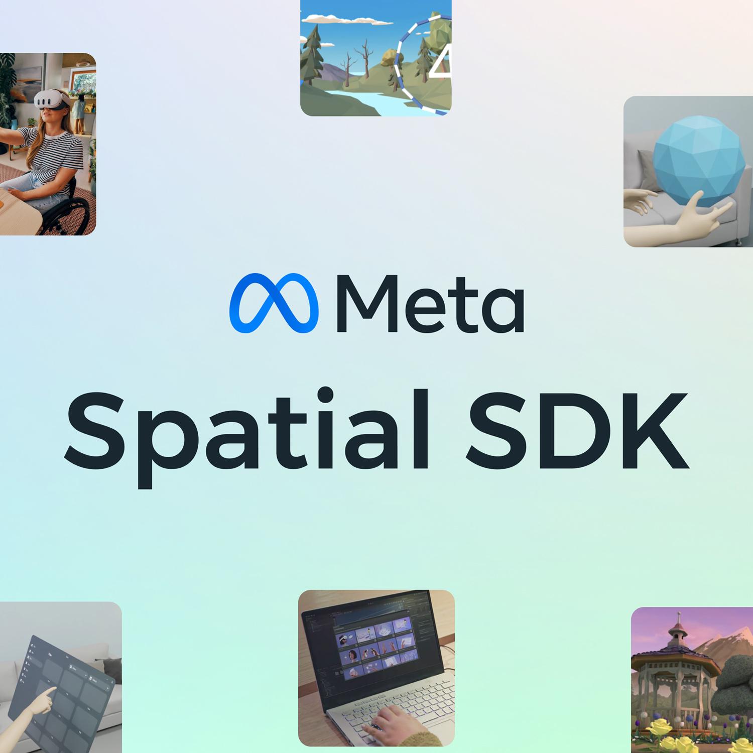 Meta Spatial SDK title graphic surrounded by small spatial computing thumbnails