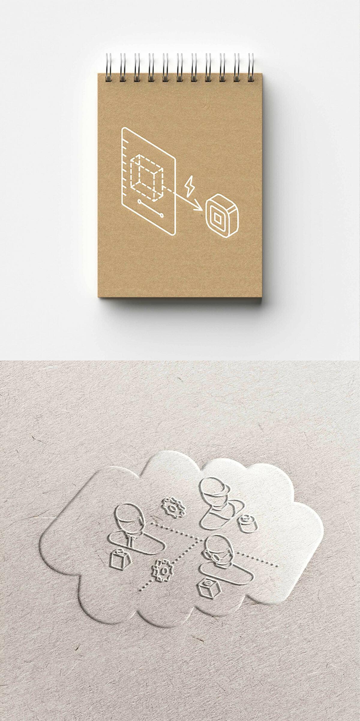 Printed Mindtribe notebook and embossed cloud collaboration illustration
