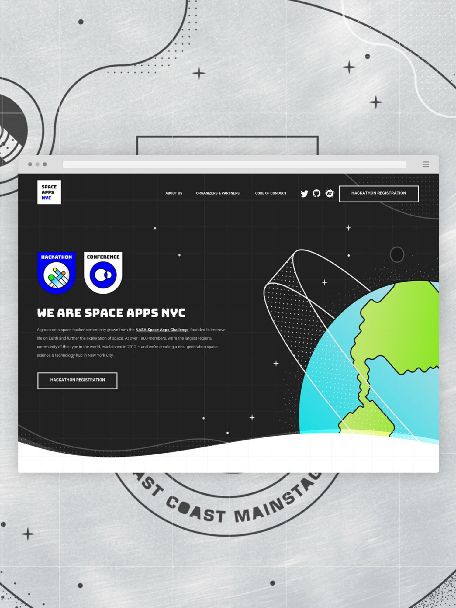 Space Apps NYC website mockup with Earth illustration and hackathon registration button