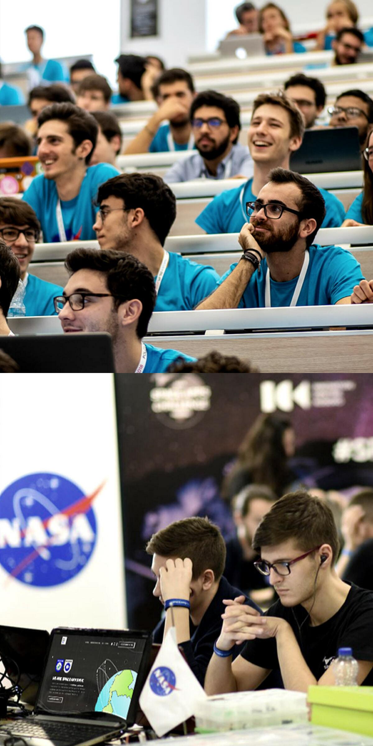 Students in a lecture hall and at a NASA-themed workshop with laptops