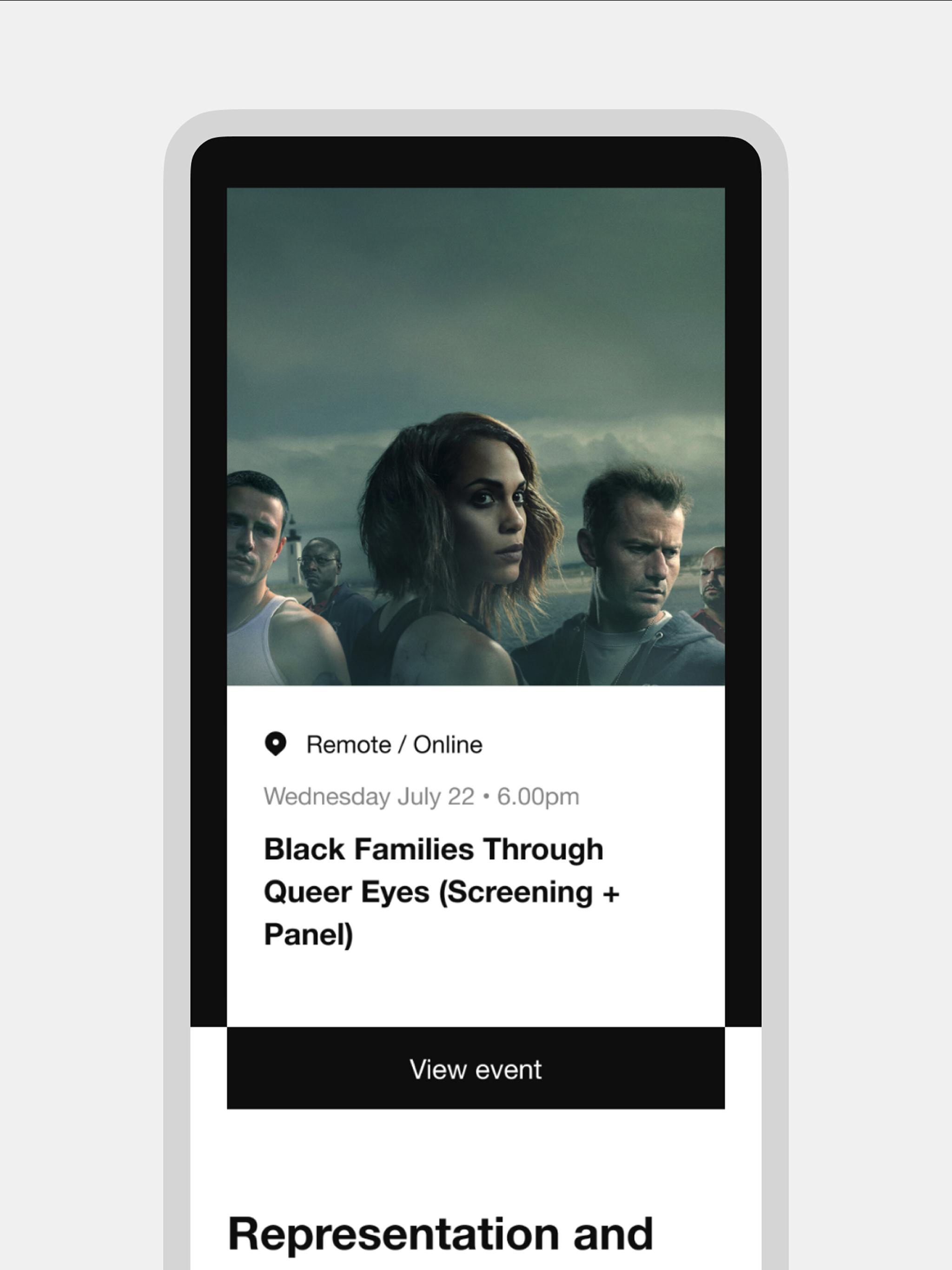 Mobile NewFest event card for Black Families Through Queer Eyes with a View event button