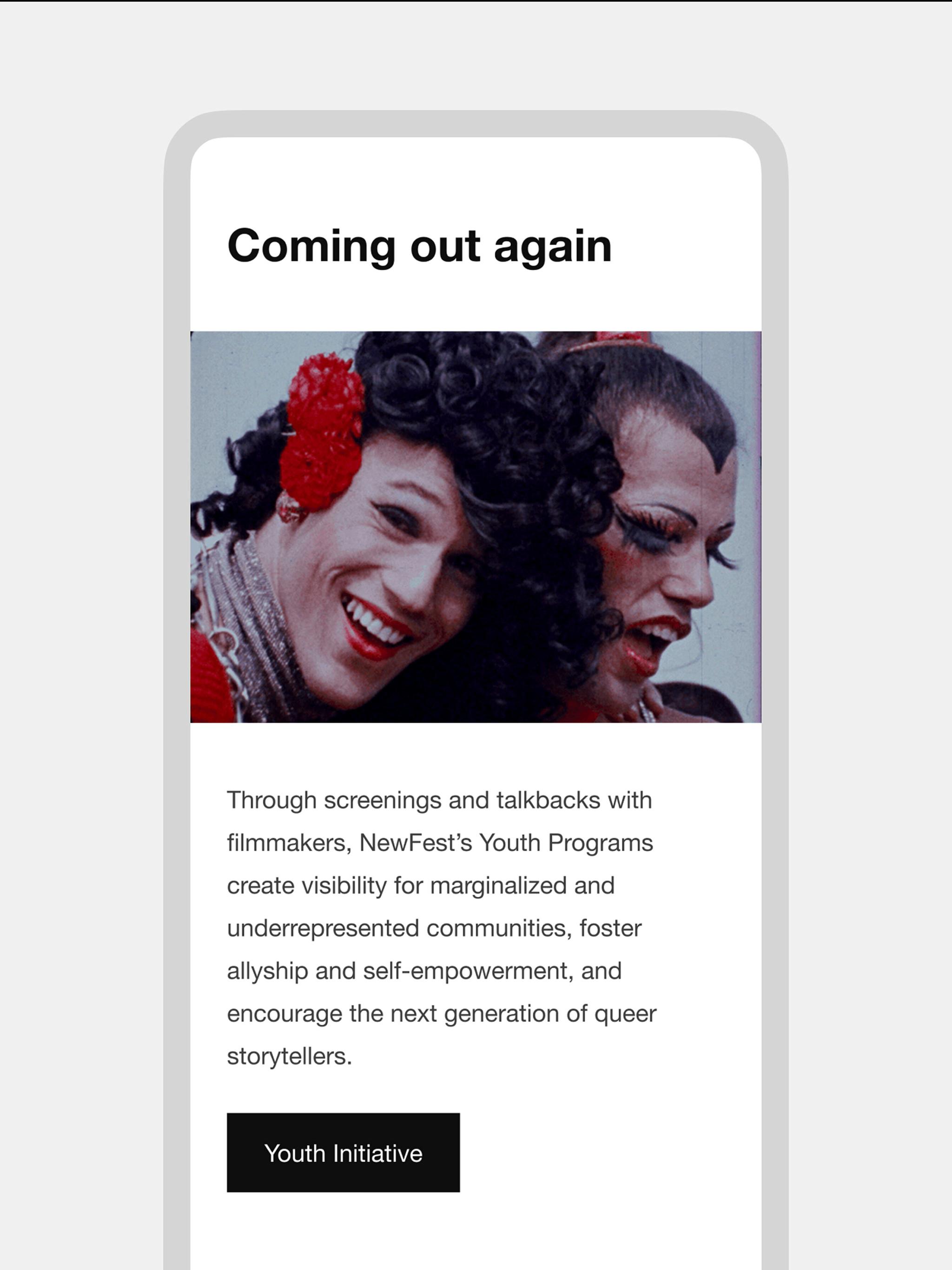 Mobile "Coming out again" section describing NewFest's Youth Programs initiative