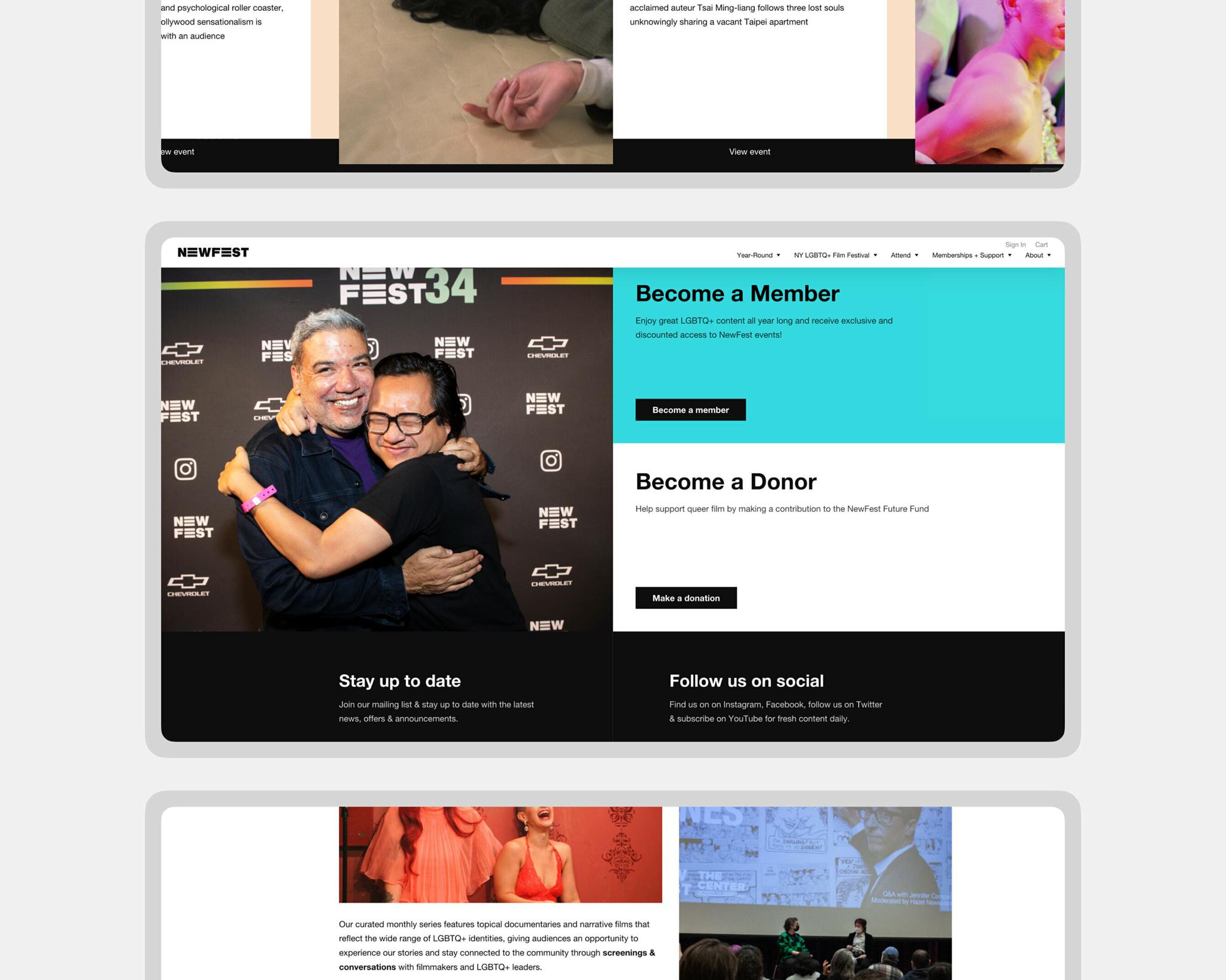 NewFest membership and donor webpage with festival photo and signup sections