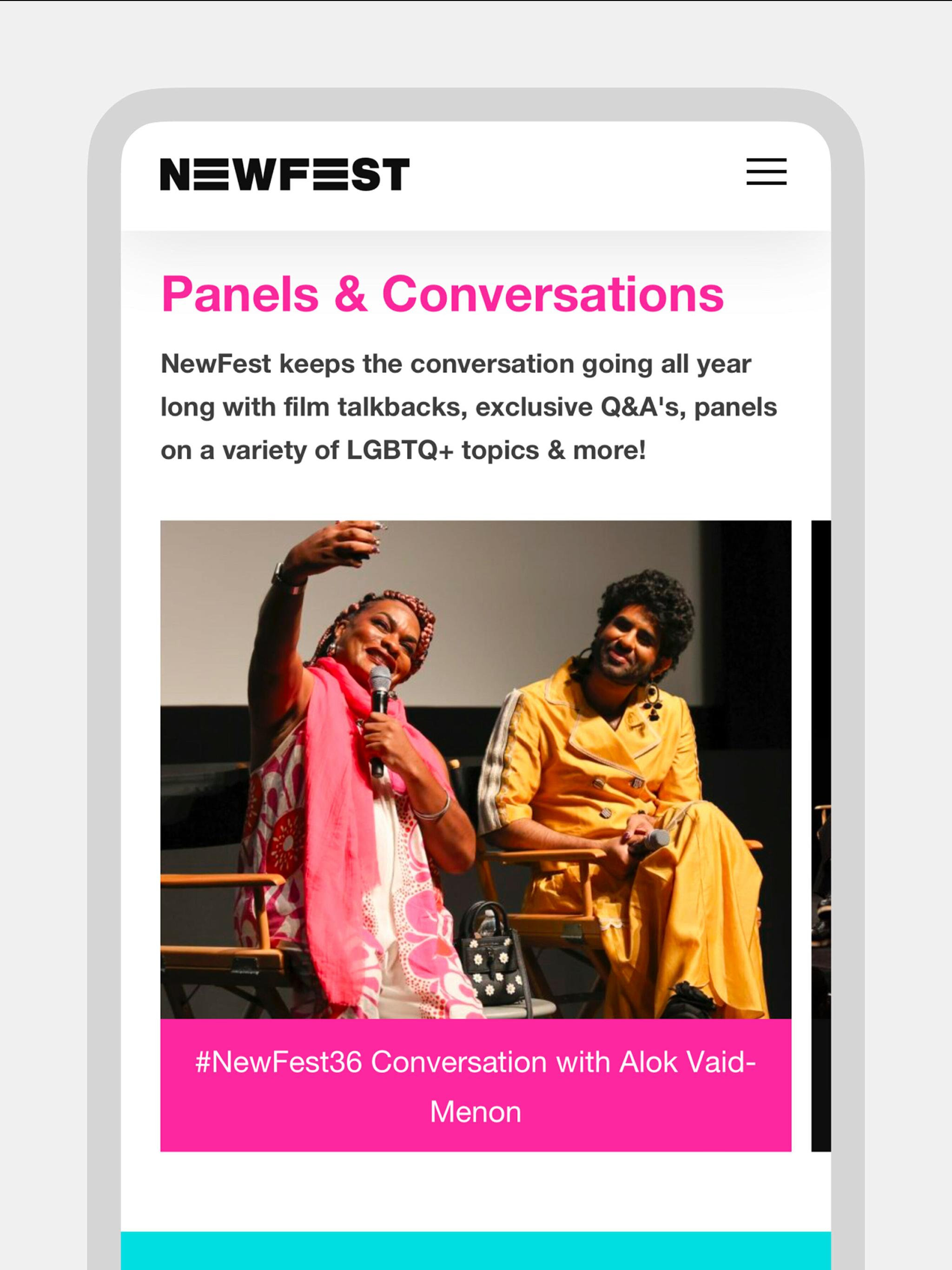 Mobile NewFest Panels & Conversations page with an event photo and pink caption