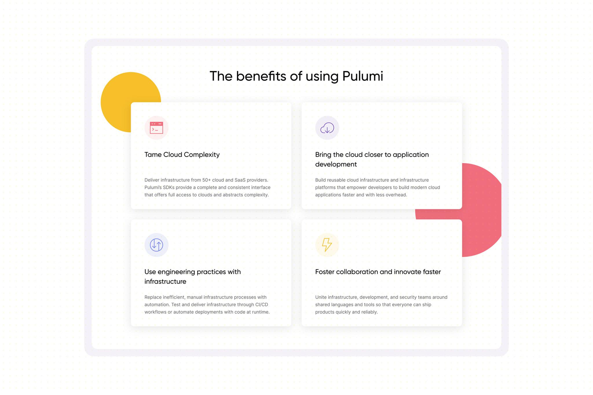 Slide titled "The benefits of using Pulumi" with four feature cards