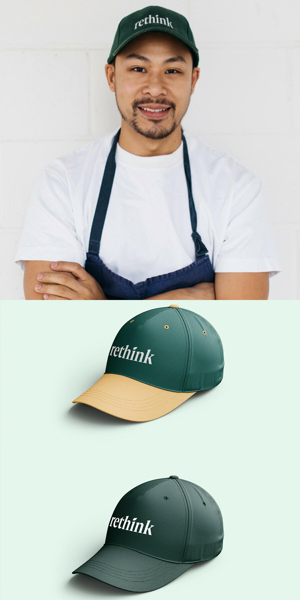 Person in a rethink cap with two branded cap mockups below