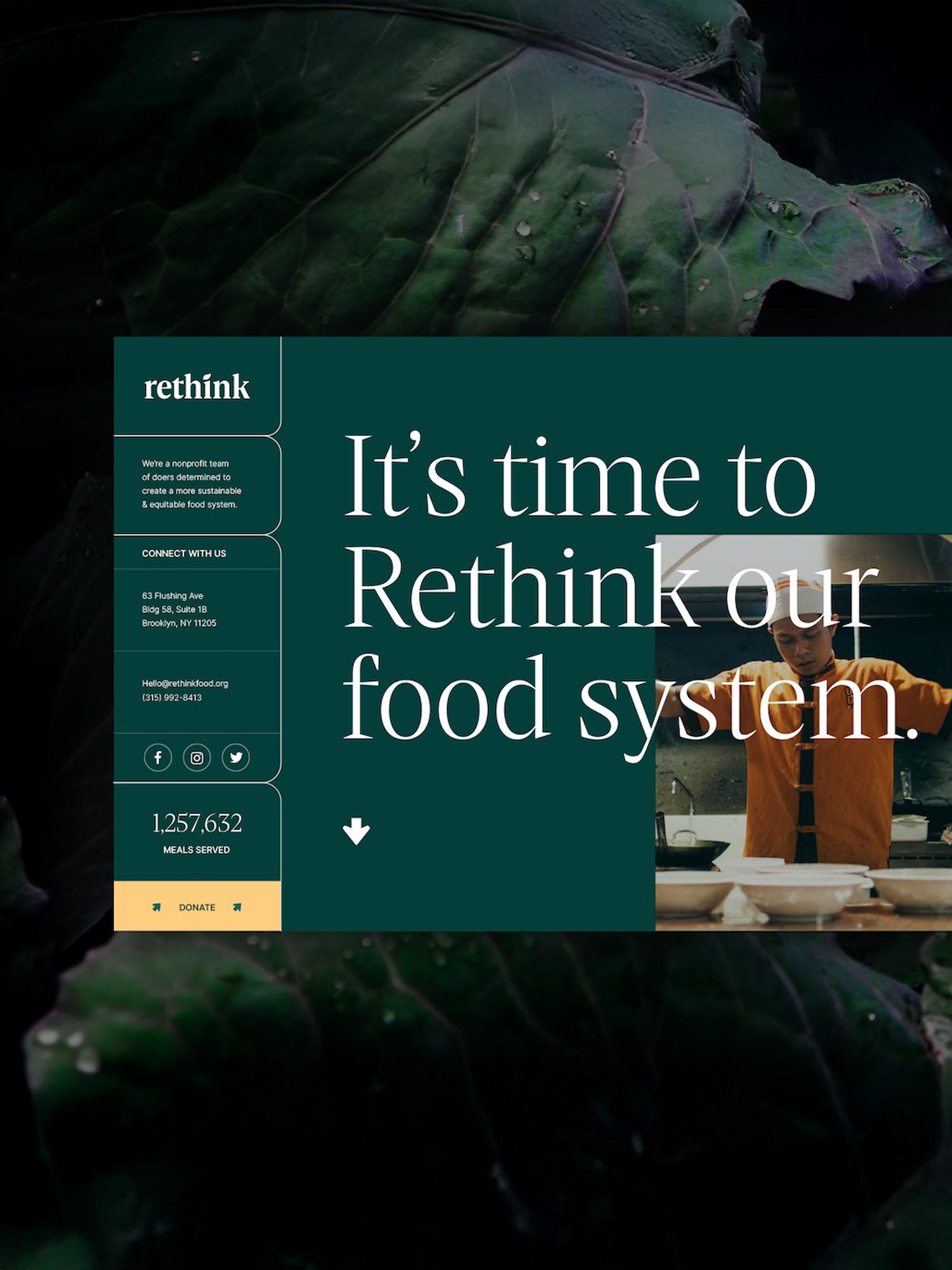 Rethink nonprofit website mockup with leaf background and headline about rethinking the food system