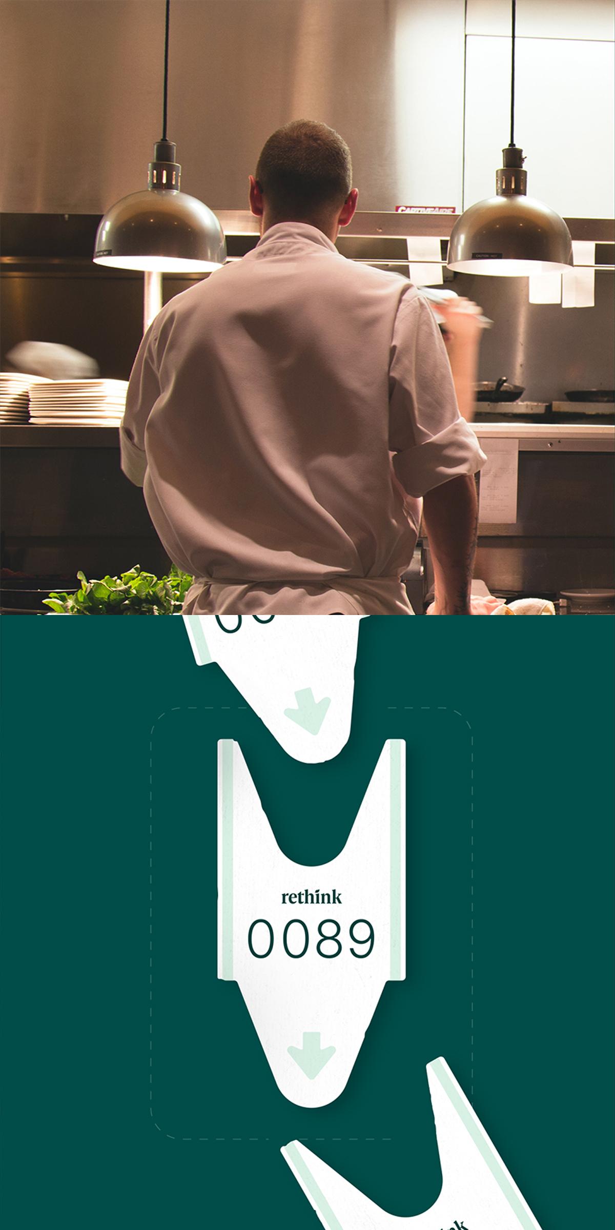 Chef working in a kitchen above a reusable ticket labeled "rethink 0089"