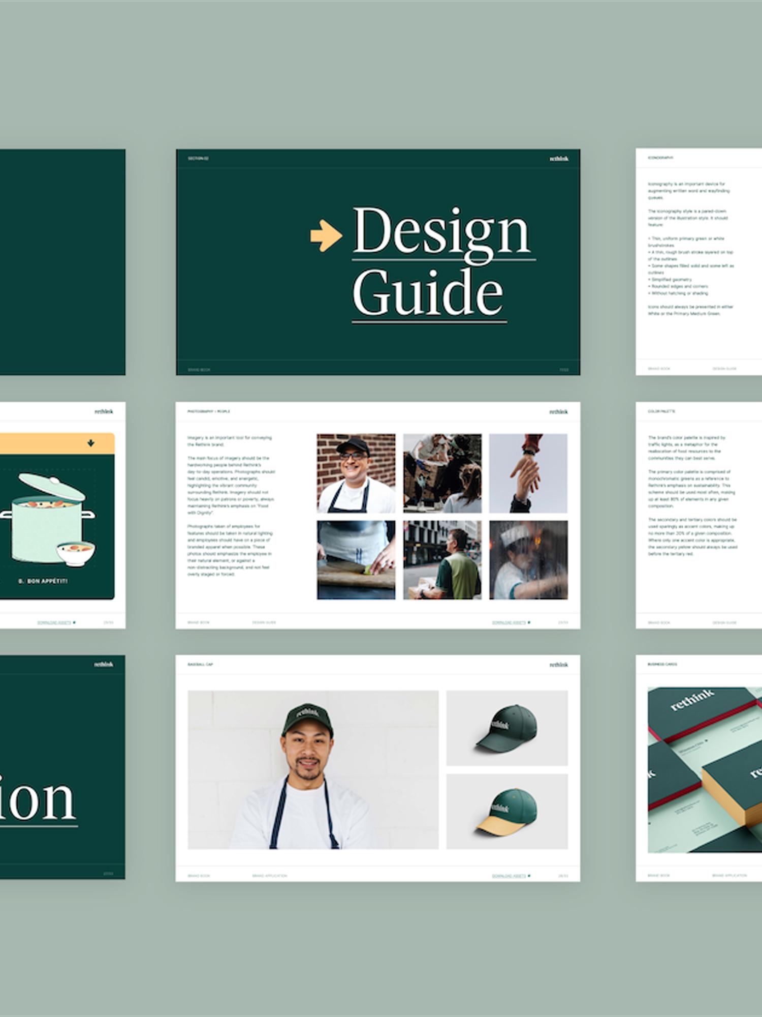 Design guide slide deck layout with green, white, and yellow branding elements