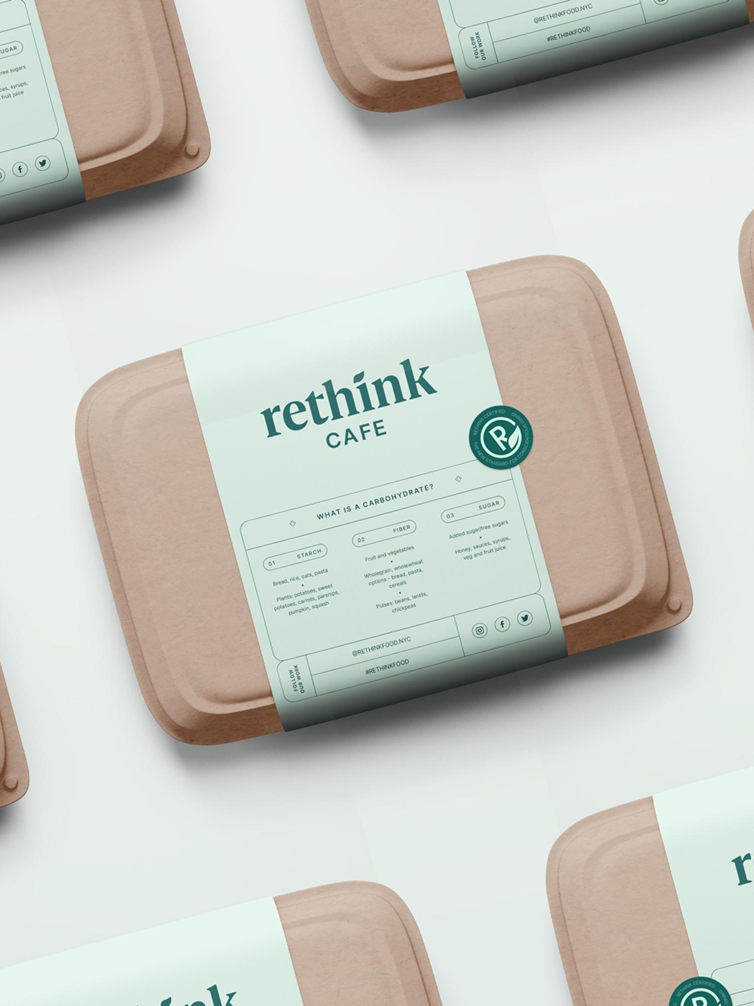 Rethink Cafe takeout containers with mint green labels arranged on a white background