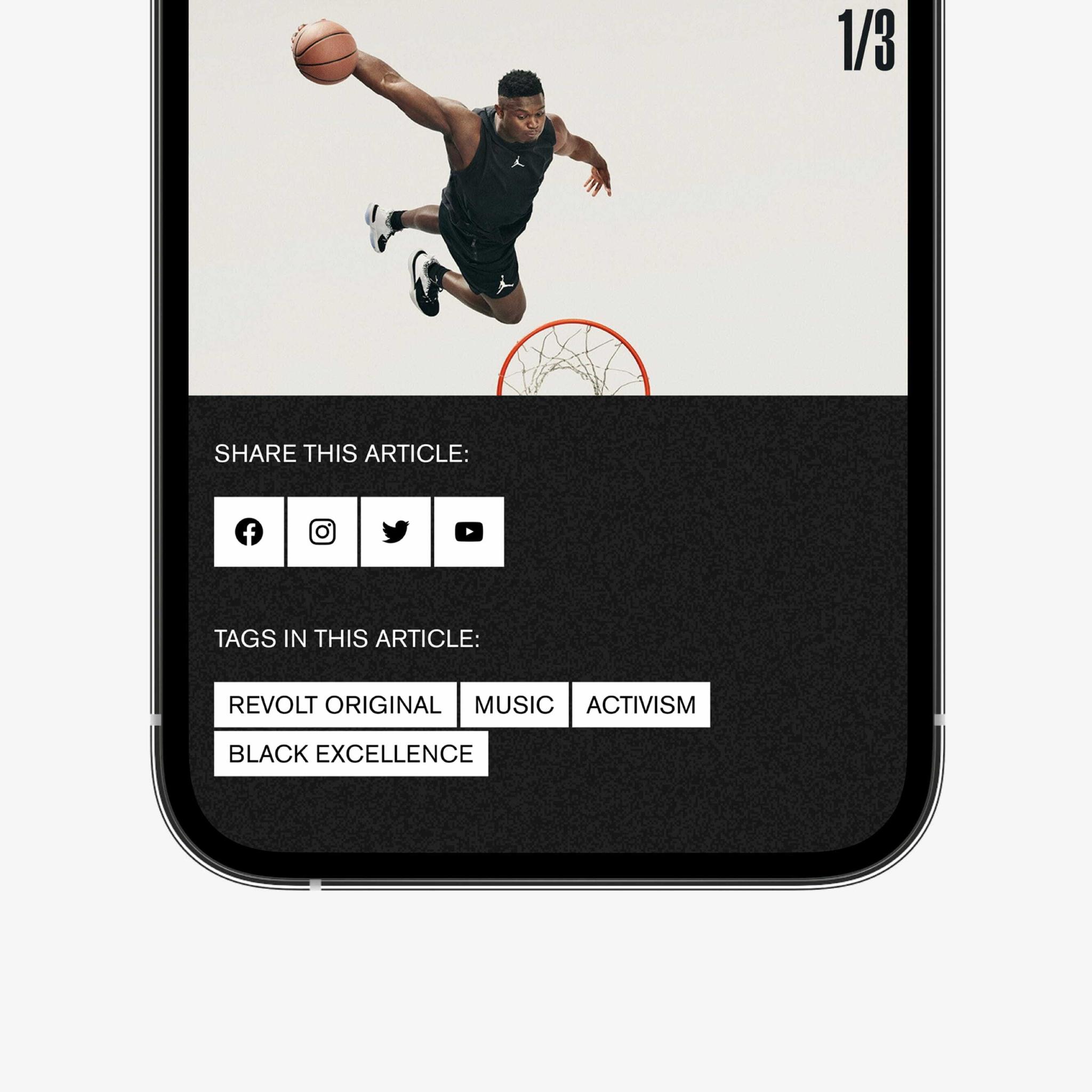 Smartphone article footer with share icons, tags, and basketball dunk image