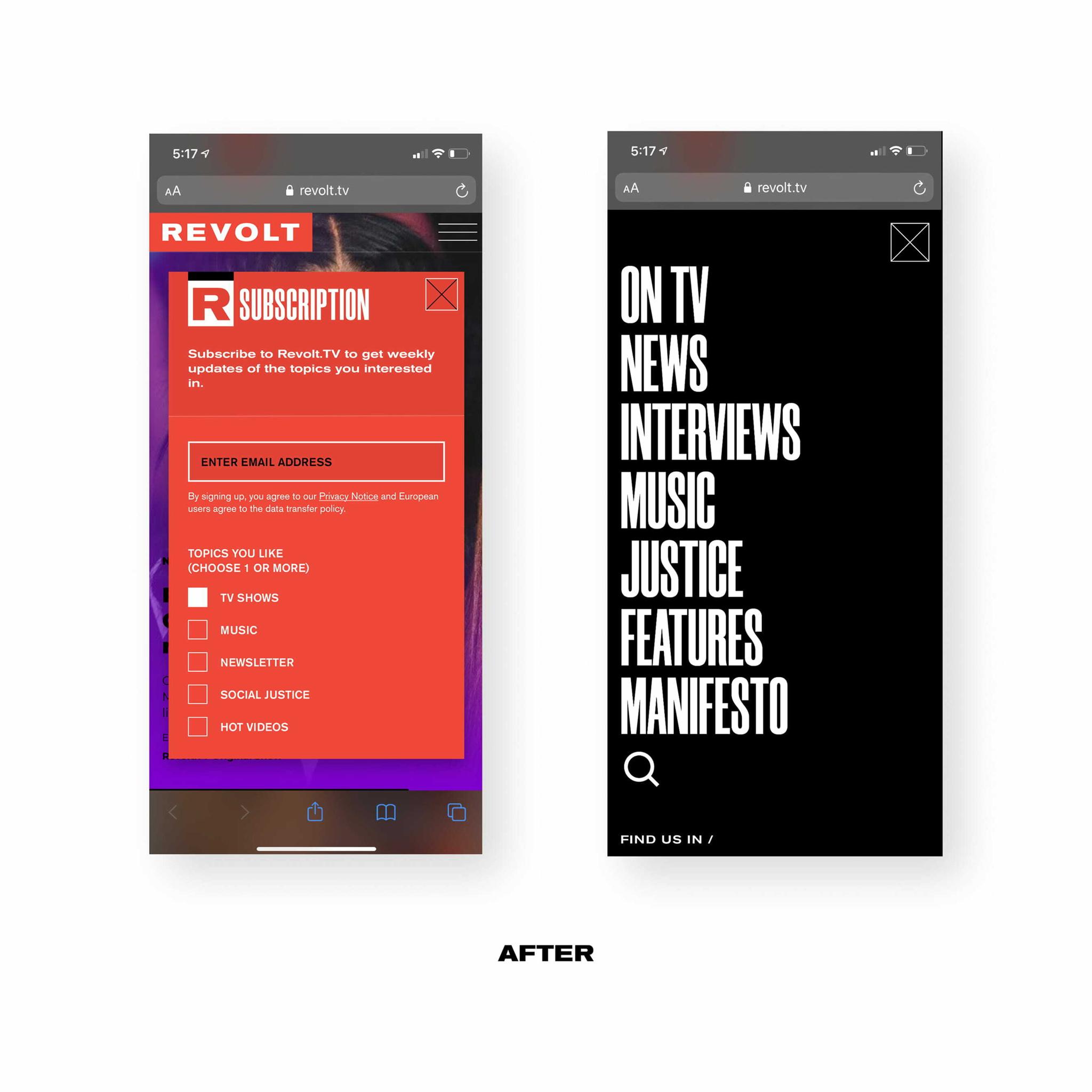 After view of REVOLT mobile subscription pop-up and bold black menu screen